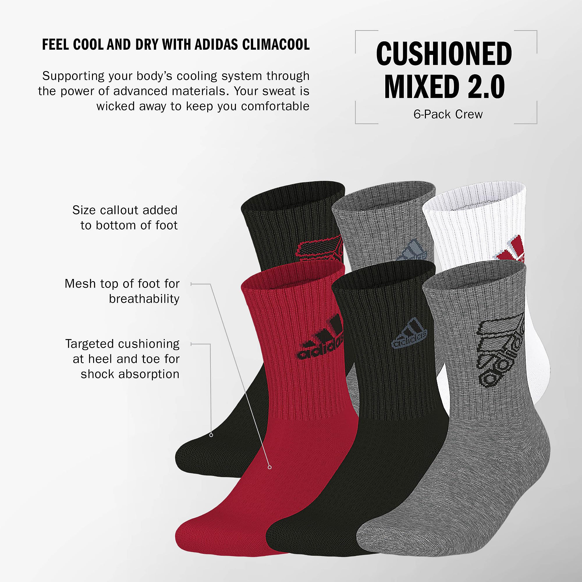 adidas Kids Athletic Cushioned Crew Socks 6 Pairs