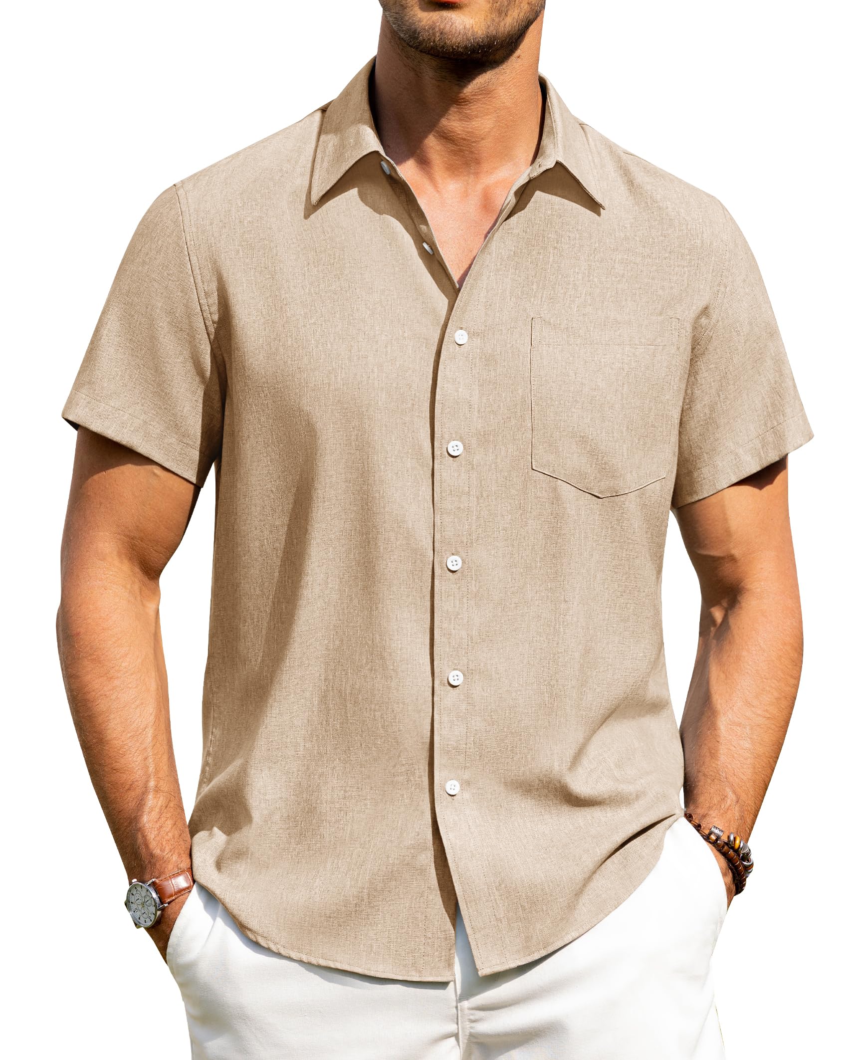 Alimens & Gentle Mens Linen Shirts Short Sleeve Button Down Shirts Wrinkle Free Casual Vacation Beach Summer Tops