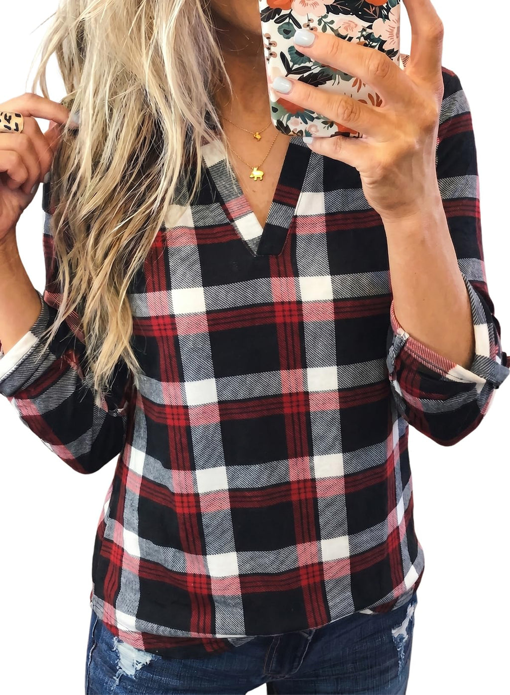 Dokotoo Womens Tops Plaid Cotton Cuffed 3/4 Sleeve Shirts Blouses