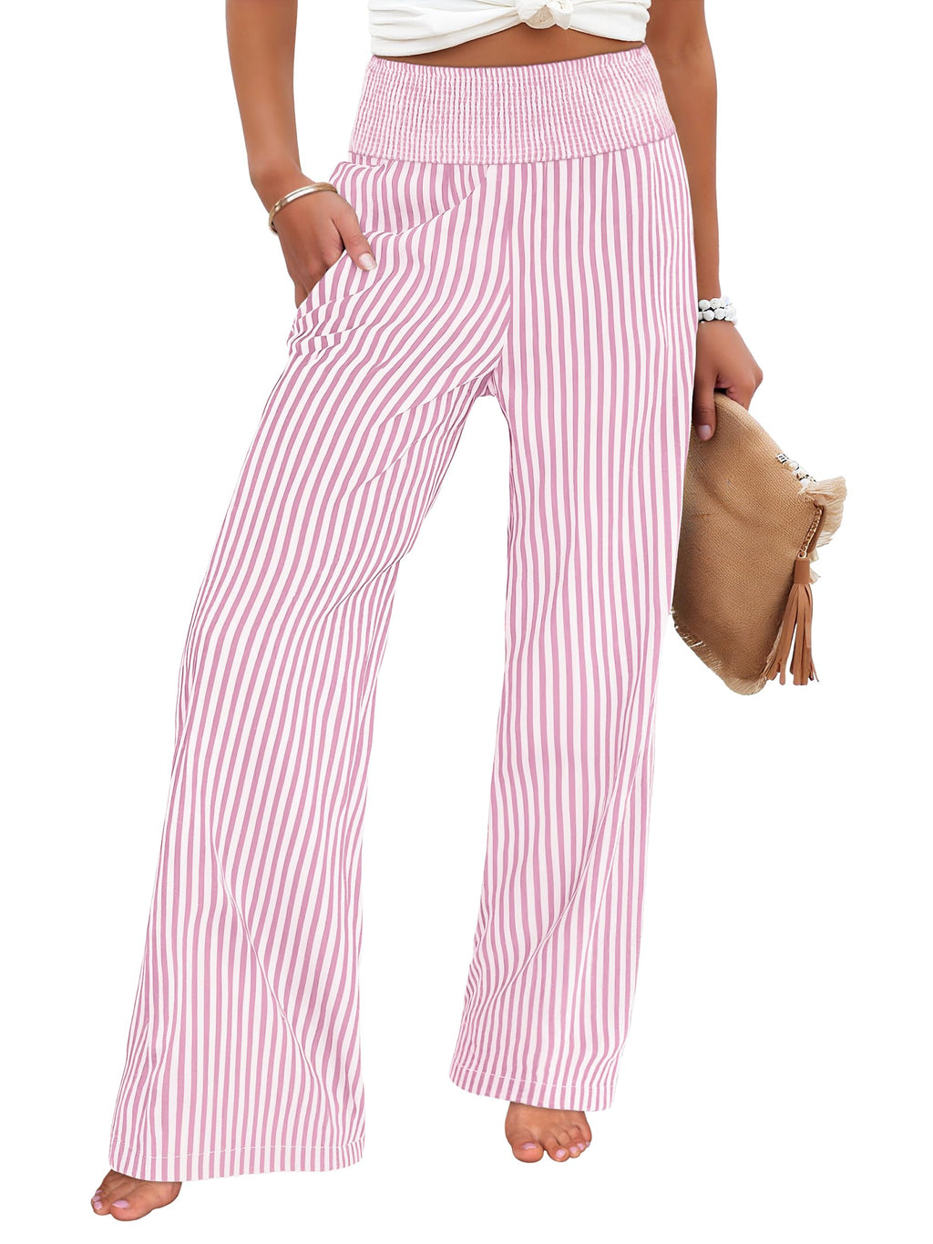 ANRABESS Womens Striped Gingham Wide Leg Palazzo Pants with Pockets