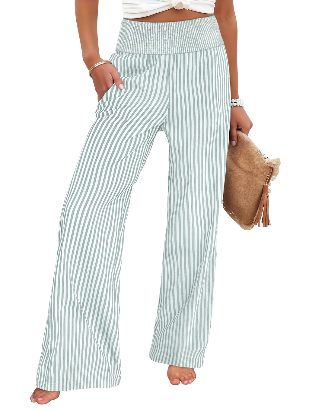 ANRABESS Womens Striped Gingham Wide Leg Palazzo Pants with Pockets