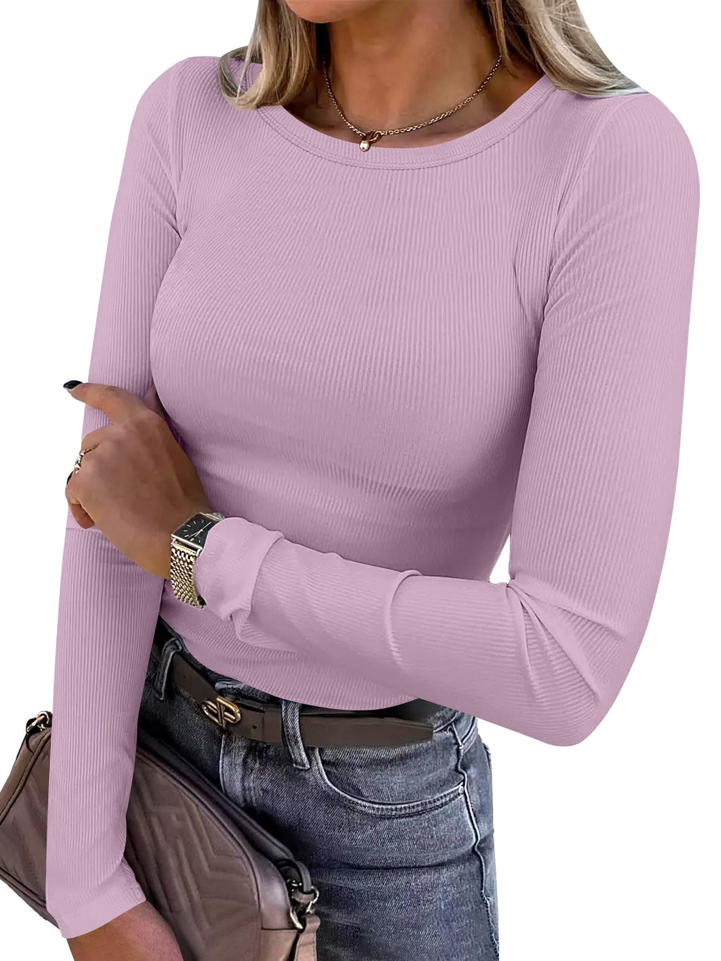ANRABESS Women Long Sleeve Shirts Ribbed Fitted Tops