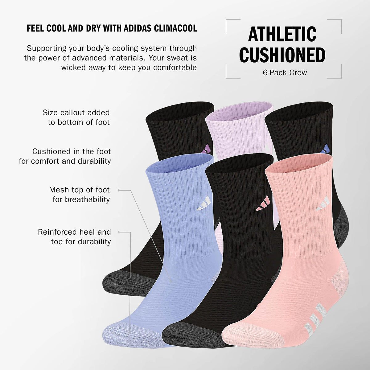 adidas Kids Athletic Cushioned Crew Socks 6 Pairs