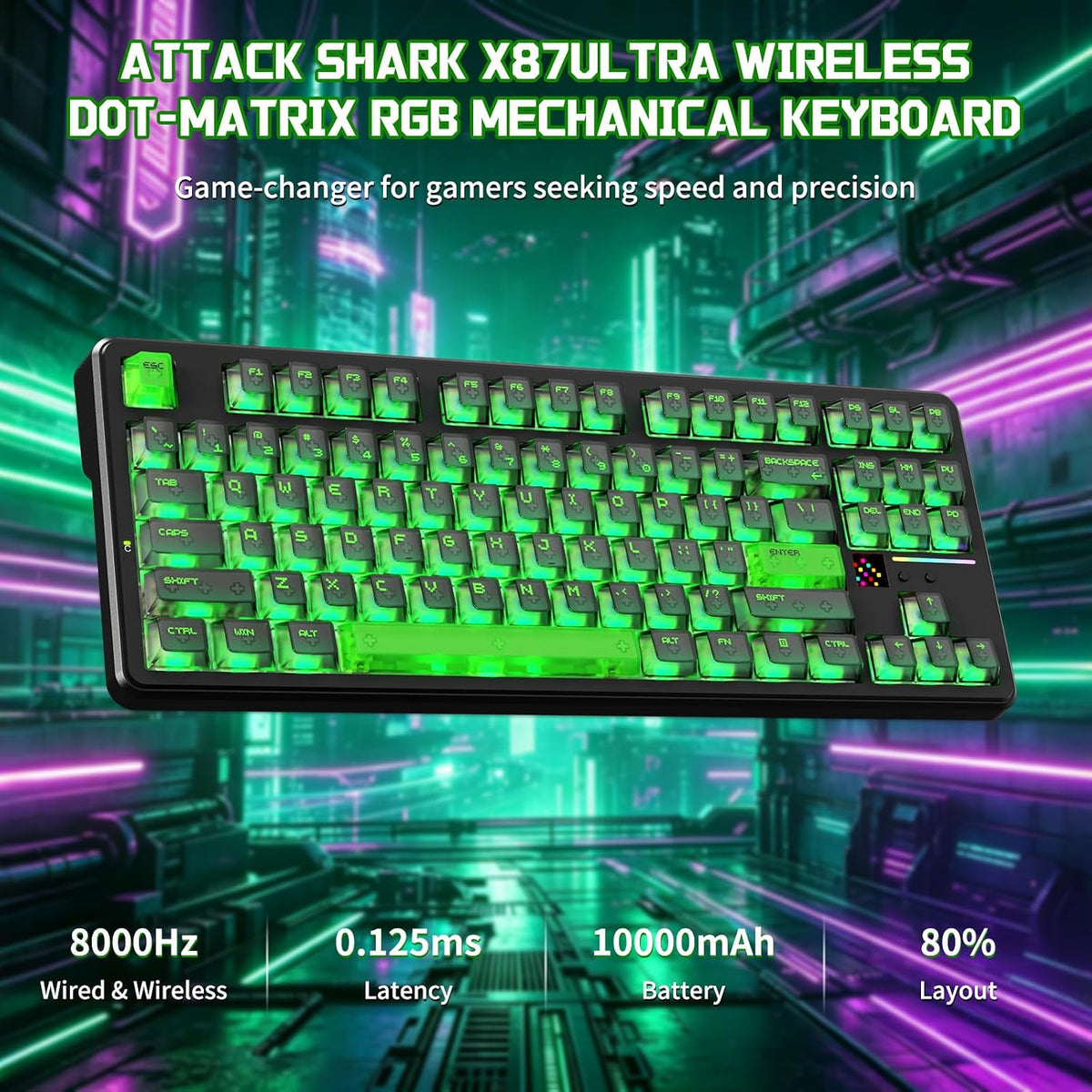 ATTACK SHARK X87 ULTRA Kablosuz Mekanik Oyun Klavyesi Dot Matrix Ekranlı, BT/2,4 GHz/Kablolu, Çift 8000Hz Yoklama Oranı,%75 Hot-Swap, 10000mAh, RGB, Shark Fin Kablosuz Alıcı, Mürekkep Gölge