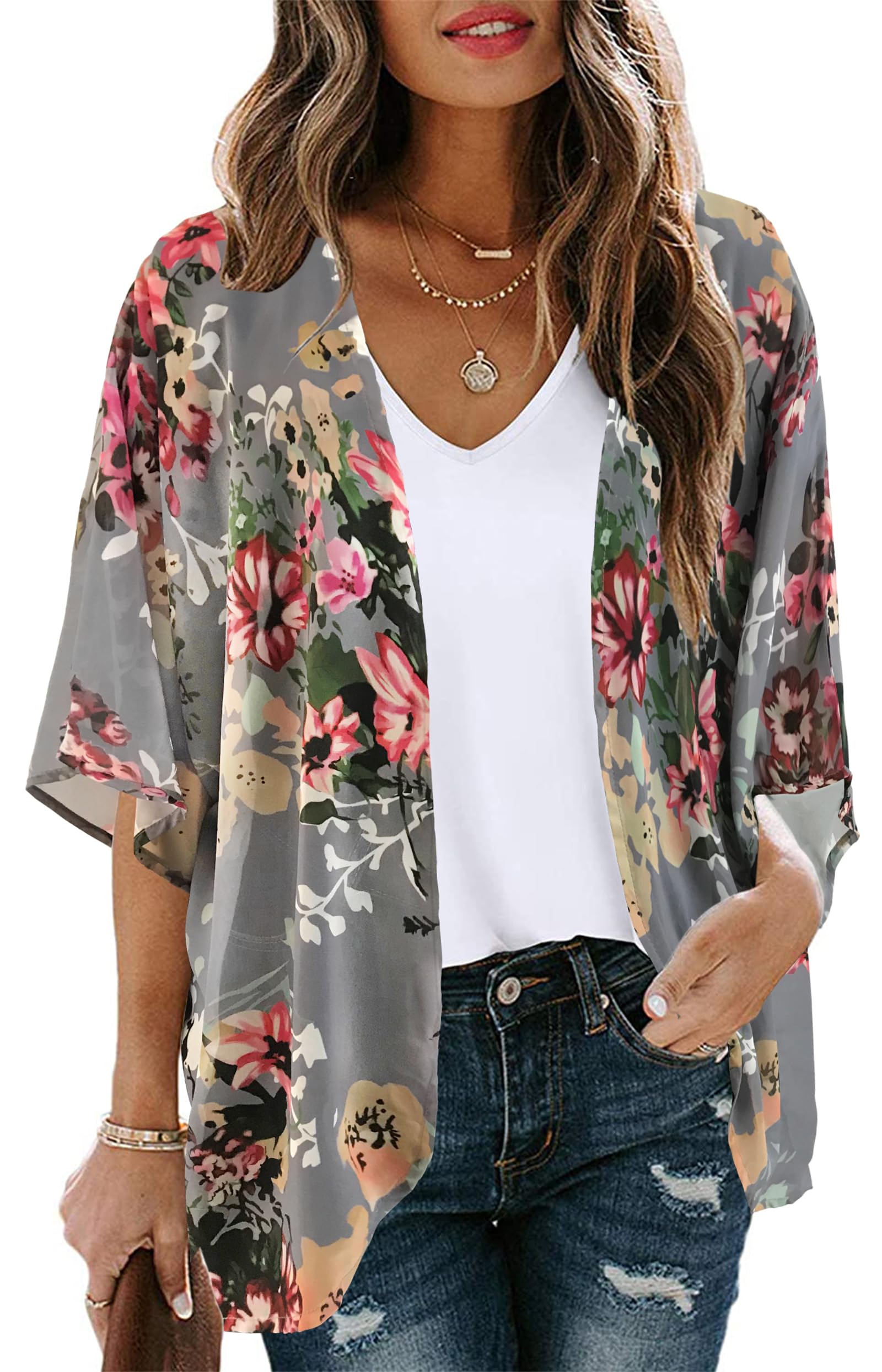 CHICGAL Womens Floral Kimono Cardigan Beach Cover Up Casual Summer Tops