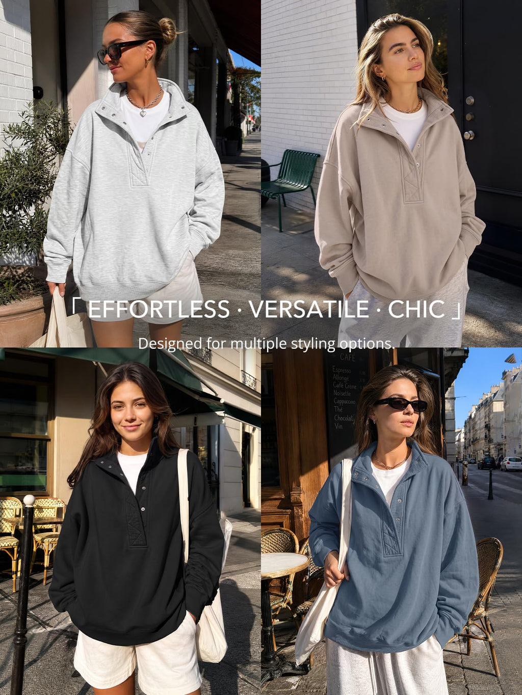 Trendy Queen Womens Oversized Sweatshirts with Snap Button Henley Collar