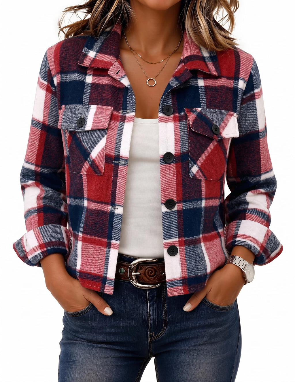Zeagoo Flannels for Women Cropped Shacket Jacket Fashion Plaid Fall Coat