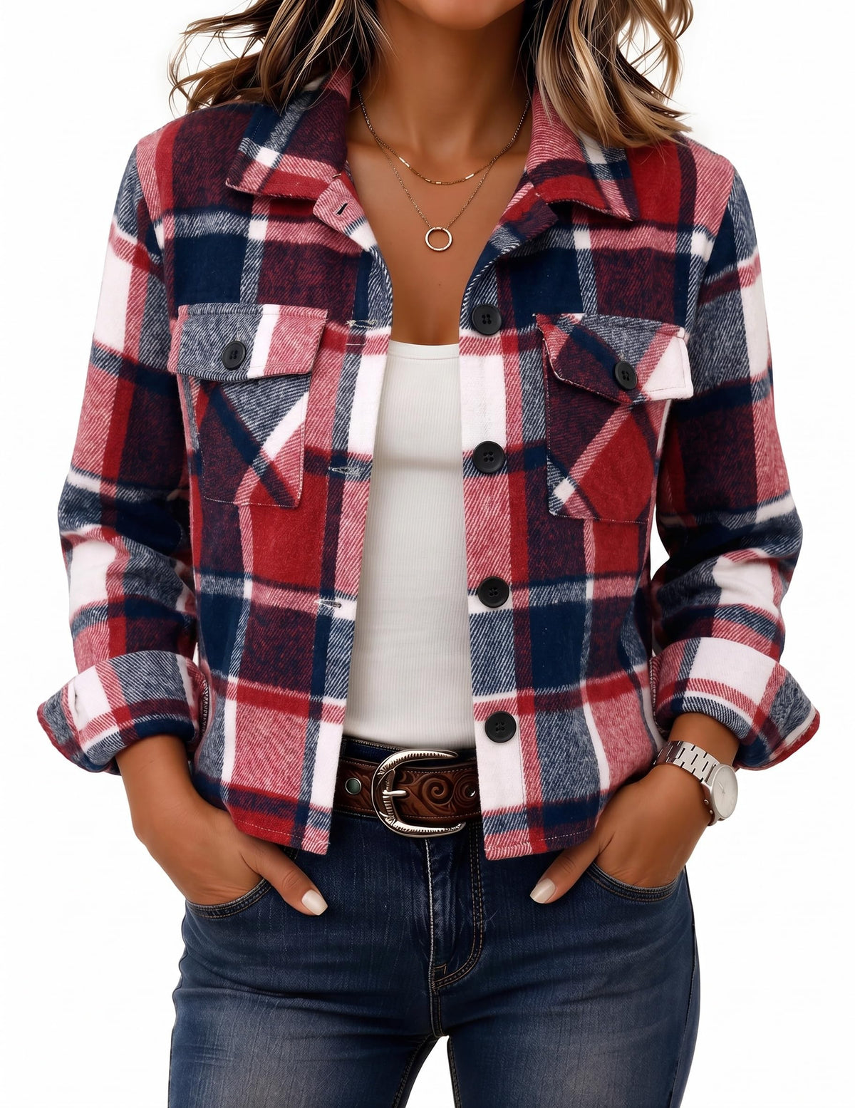 Zeagoo Flannels for Women Cropped Shacket Jacket Fashion Plaid Fall Coat