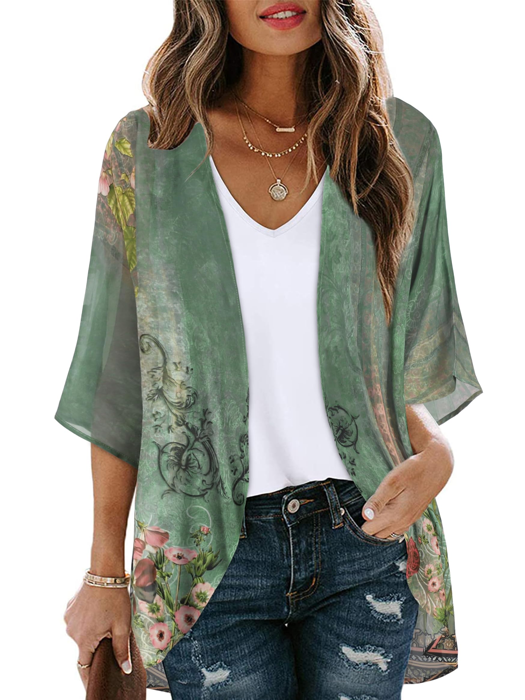 CHICGAL Womens Floral Kimono Cardigan Beach Cover Up Casual Summer Tops