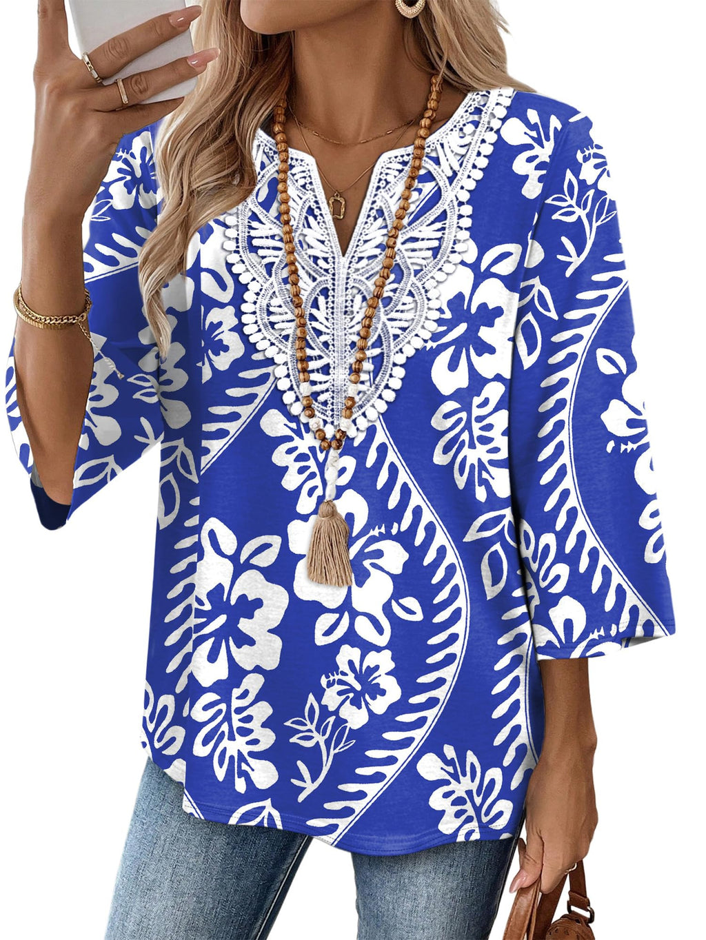 WIHOLL 3/4 Length Sleeve Womens Tops Boho V Neck Lace Shirt Trendy Blouses Dressy Casual Vacation Clothes S-3XL