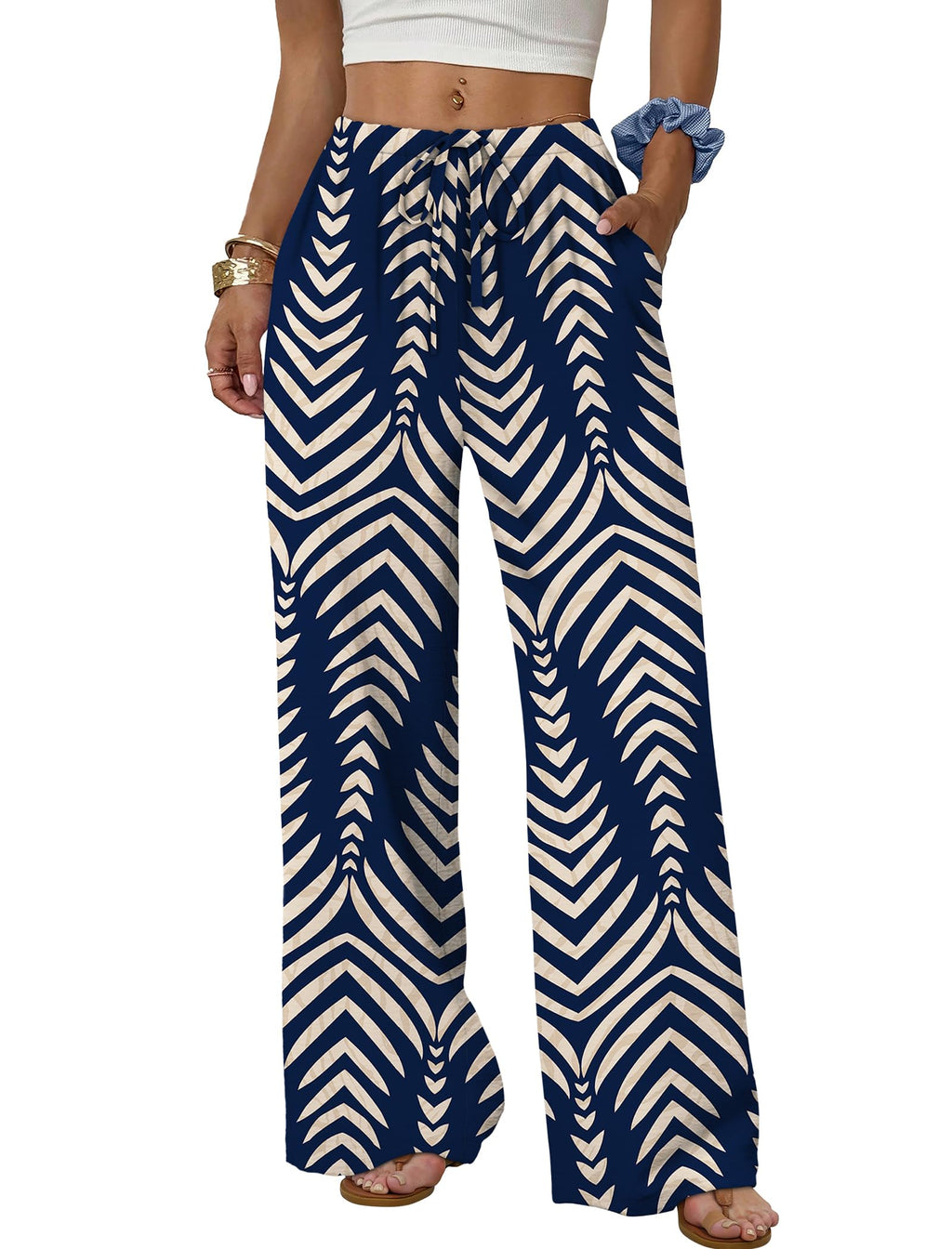 Sampeel Wide Leg Pants for Women Flowy Palazzo Drawstring Elastic Waist Trousers with Pockets Summer Beach Vacation Clothes