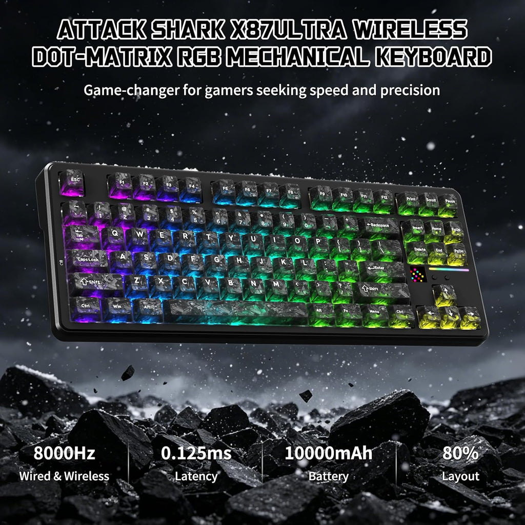 ATTACK SHARK X87 ULTRA Kablosuz Mekanik Oyun Klavyesi Dot Matrix Ekranlı, BT/2,4 GHz/Kablolu, Çift 8000Hz Yoklama Oranı,%75 Hot-Swap, 10000mAh, RGB, Shark Fin Kablosuz Alıcı, Mürekkep Gölge