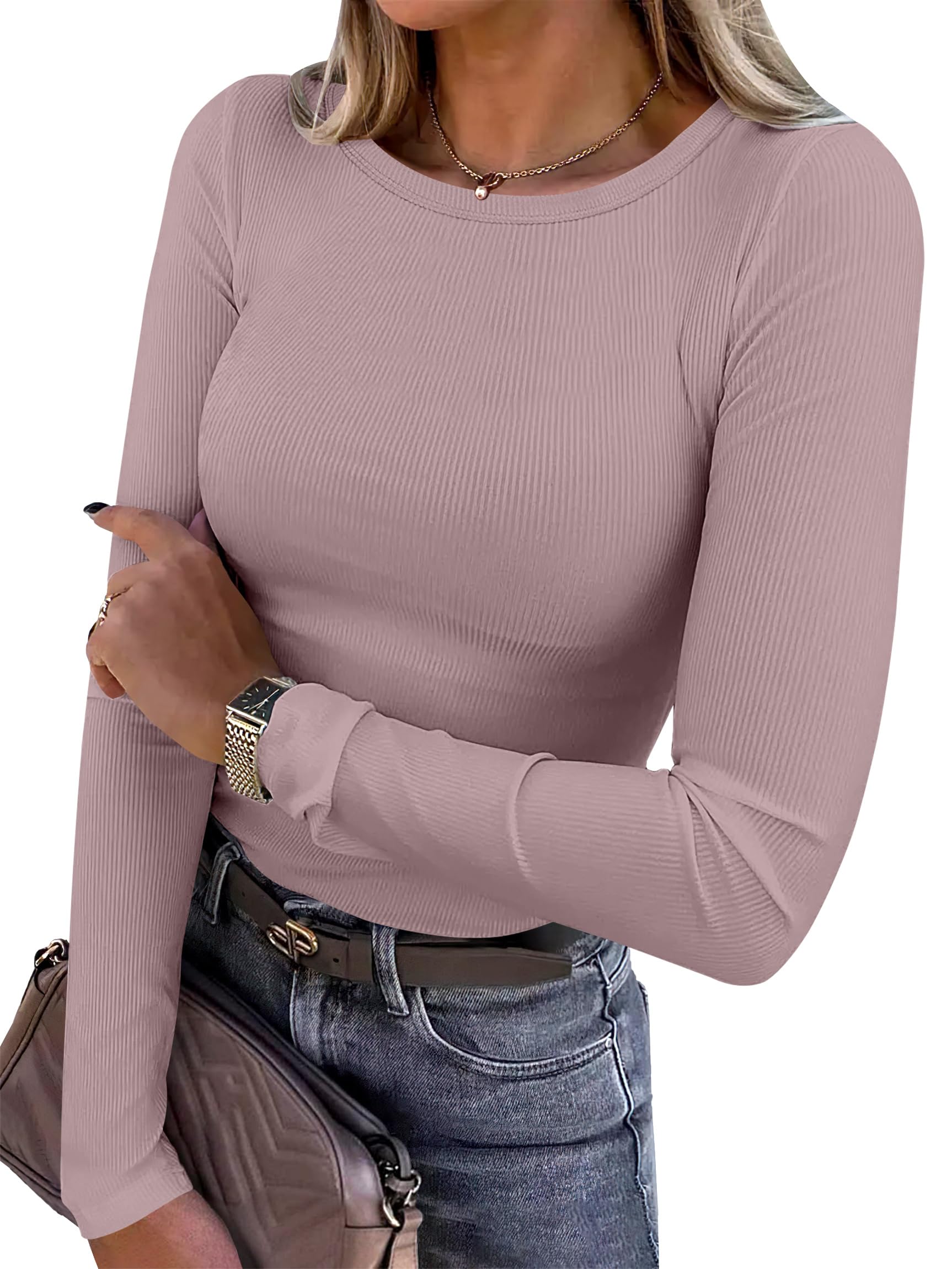 ANRABESS Women Long Sleeve Shirts Ribbed Fitted Tops