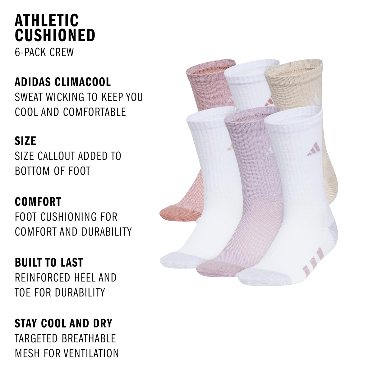 adidas Kids Athletic Cushioned Crew Socks 6 Pairs