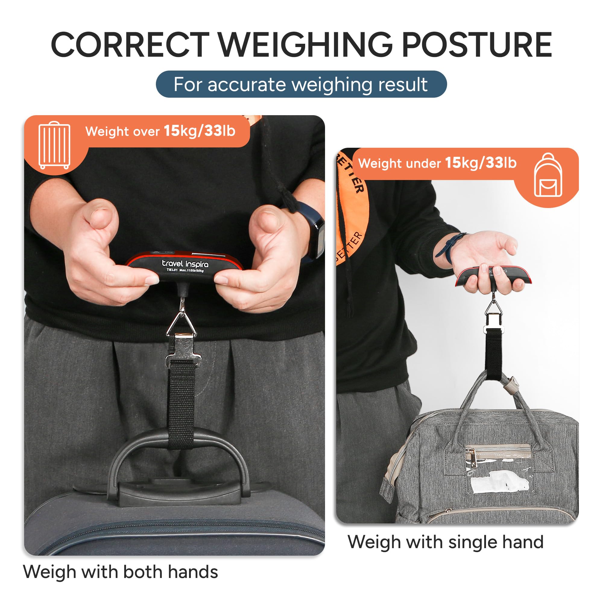 travel inspira Digital Luggage Scale – Portable Hanging Suitcase Weight Scale for Travel, 110 lb Capacity, Backlit LCD Display, Prevents Airport Overweight Fees, Battery Included
