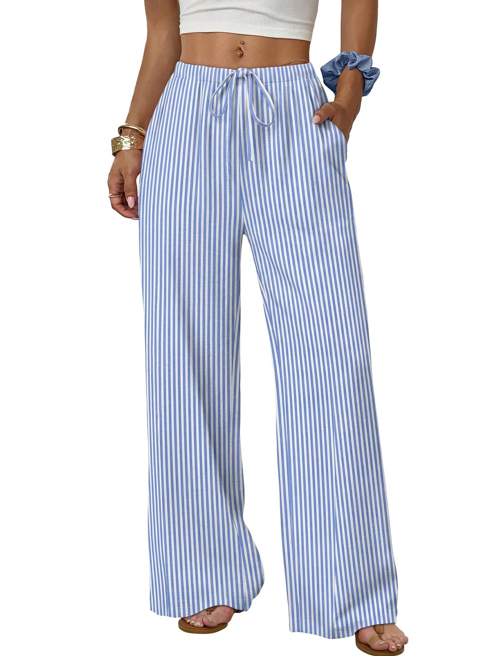 Sampeel Wide Leg Pants for Women Flowy Palazzo Drawstring Elastic Waist Trousers with Pockets Summer Beach Vacation Clothes