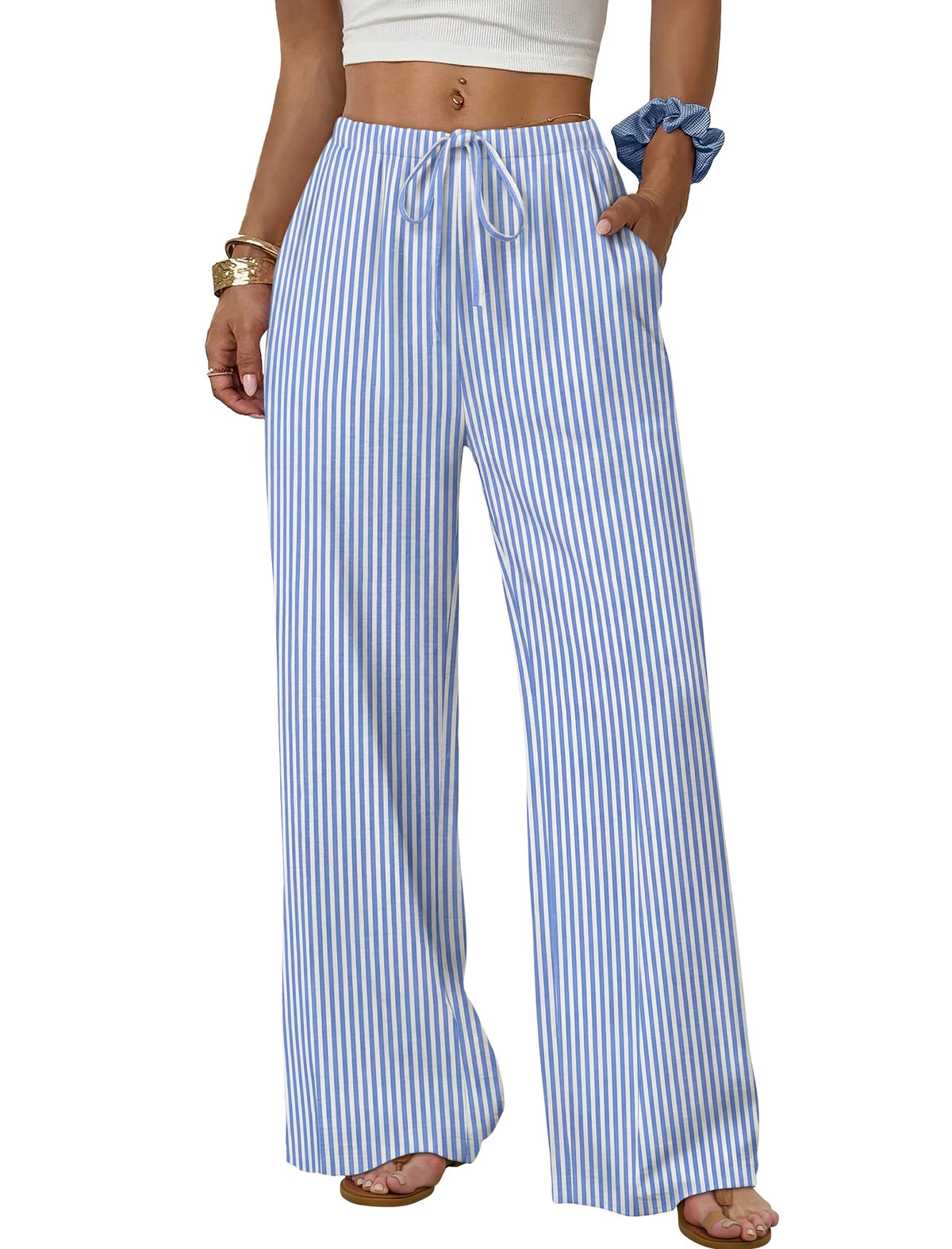 Sampeel Wide Leg Pants for Women Flowy Palazzo Drawstring Elastic Waist Trousers with Pockets Summer Beach Vacation Clothes