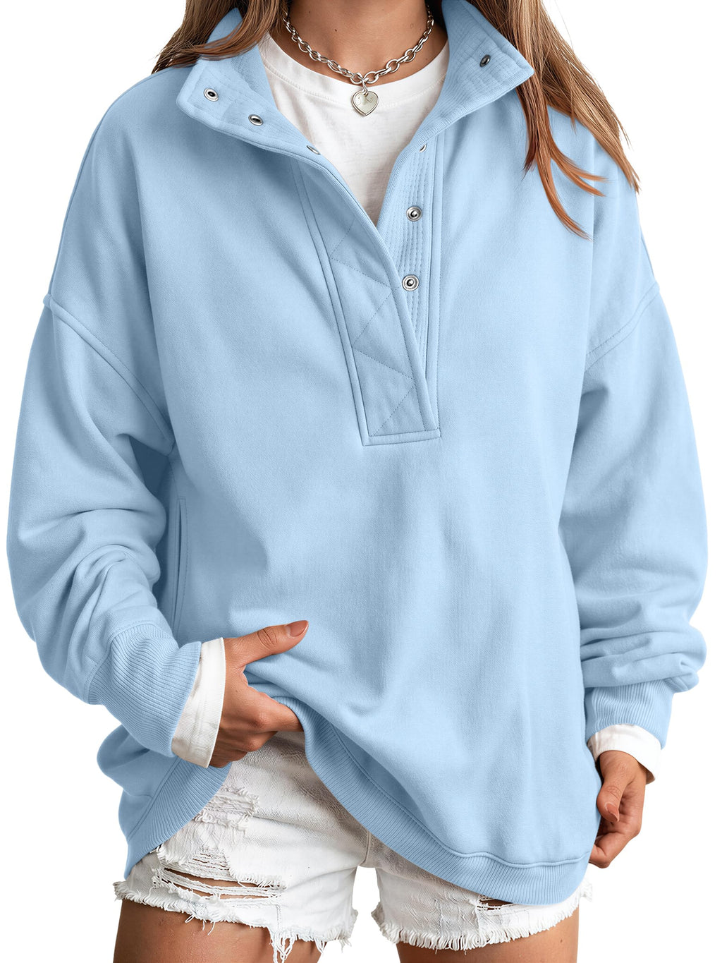 Trendy Queen Womens Oversized Sweatshirts with Snap Button Henley Collar