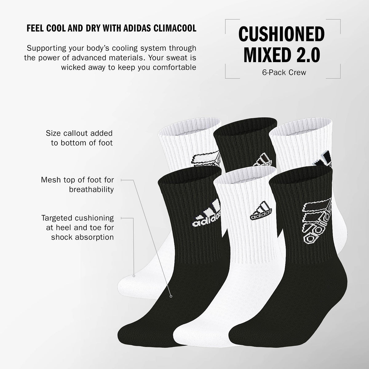 adidas Kids Athletic Cushioned Crew Socks 6 Pairs