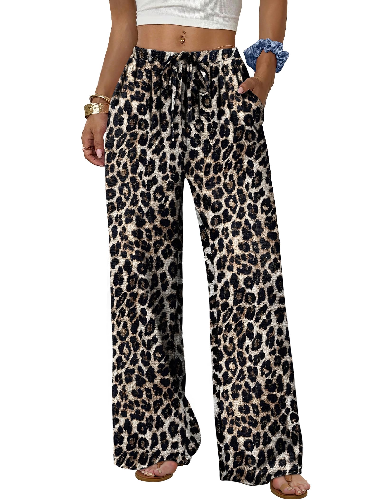 Sampeel Wide Leg Pants for Women Flowy Palazzo Drawstring Elastic Waist Trousers with Pockets Summer Beach Vacation Clothes