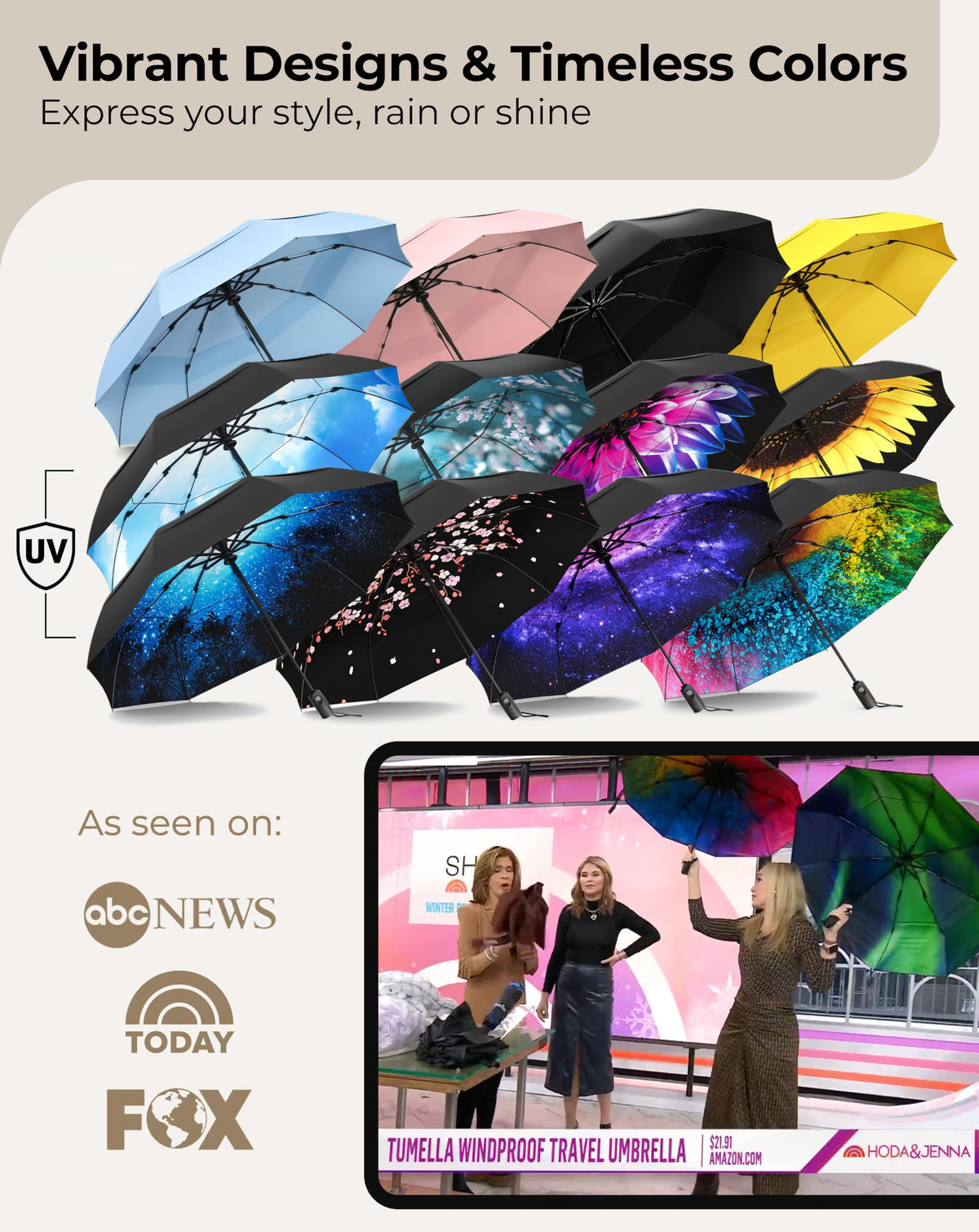 TUMELLA Strongest Windproof Travel Umbrella (Compact, 100MPH Wind-Tested), Light, Portable, One-Handed Use, Automatic Folding Rain Umbrella, Durable, Premium Grip, Fits Car & Backpack