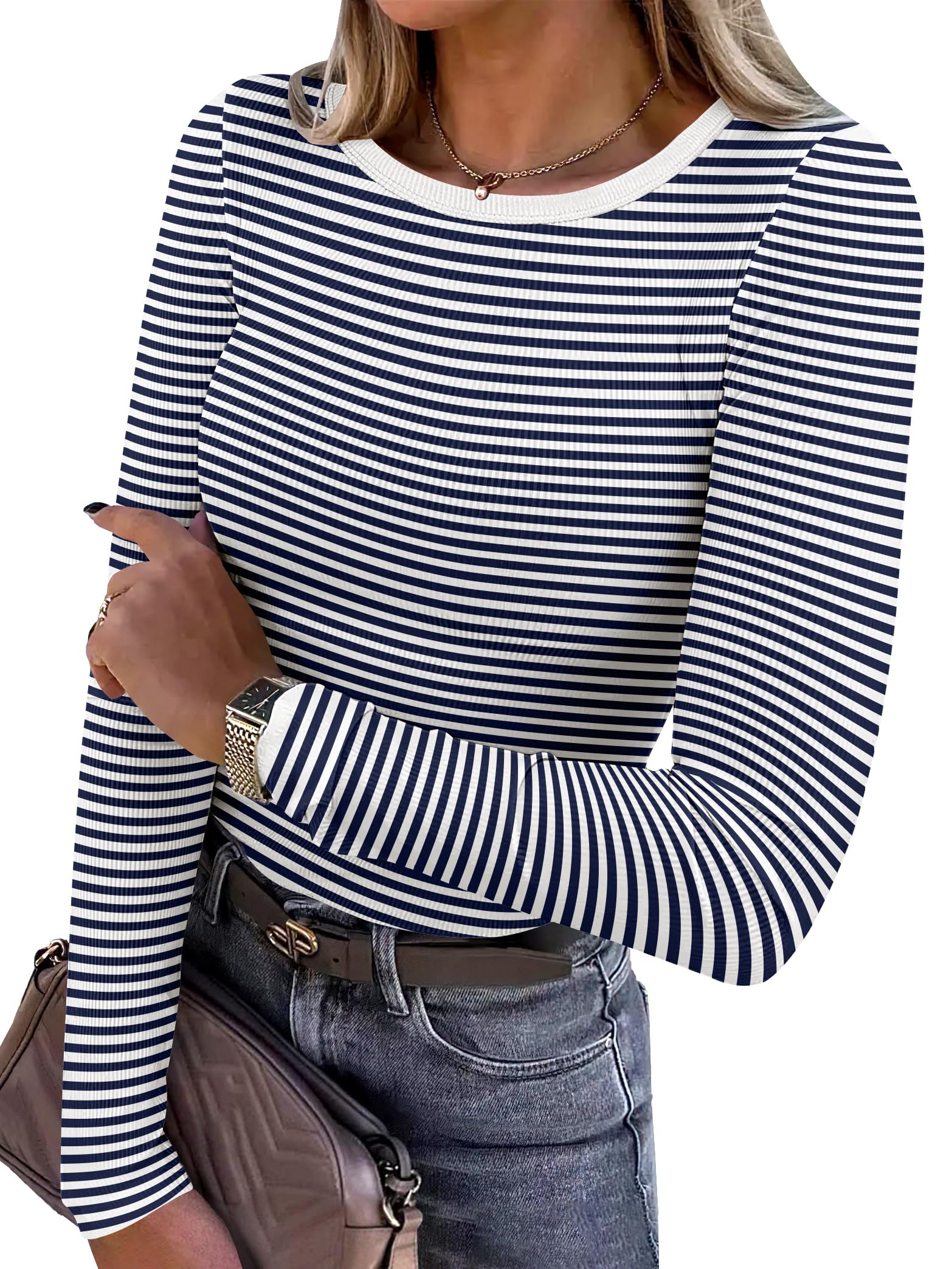 ANRABESS Women Long Sleeve Shirts Ribbed Fitted Tops