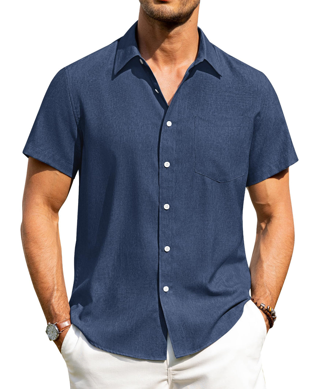 Alimens & Gentle Mens Linen Shirts Short Sleeve Button Down Shirts Wrinkle Free Casual Vacation Beach Summer Tops