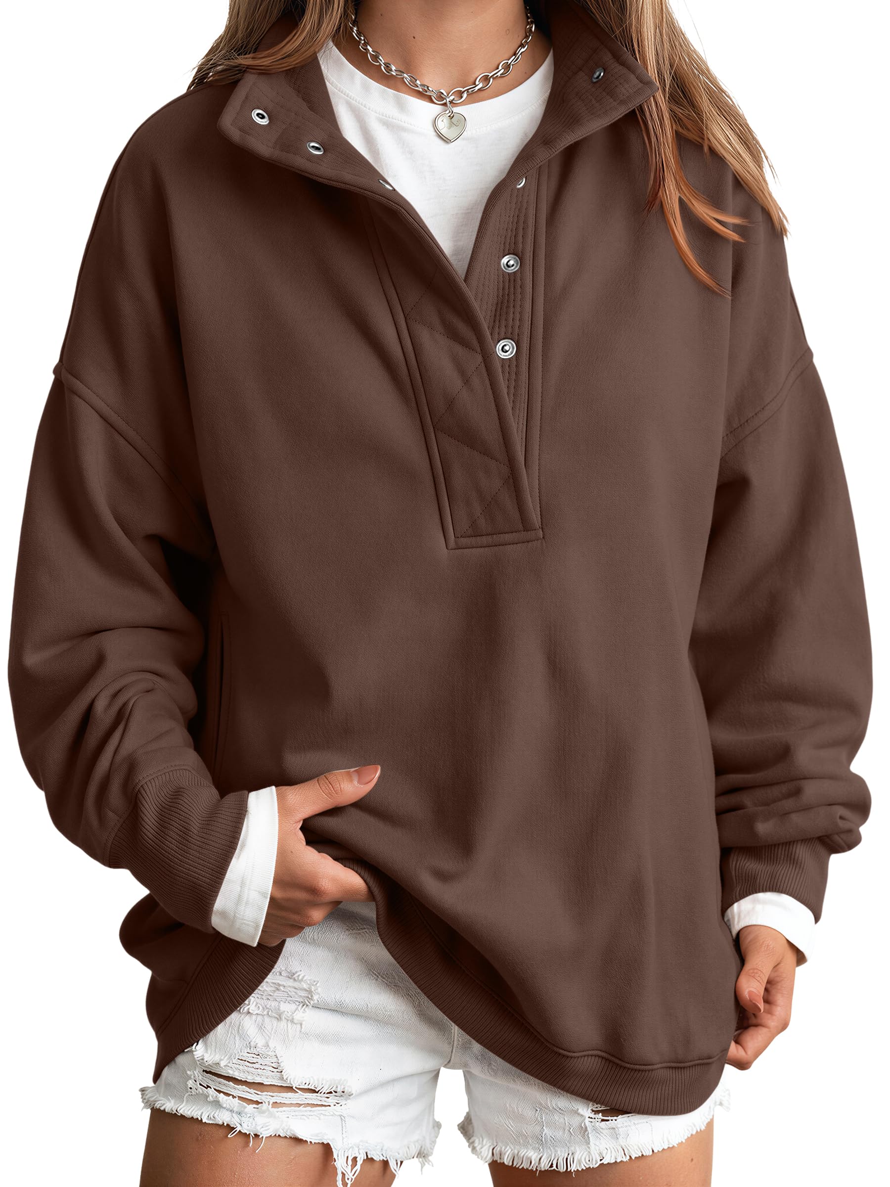 Trendy Queen Womens Oversized Sweatshirts with Snap Button Henley Collar