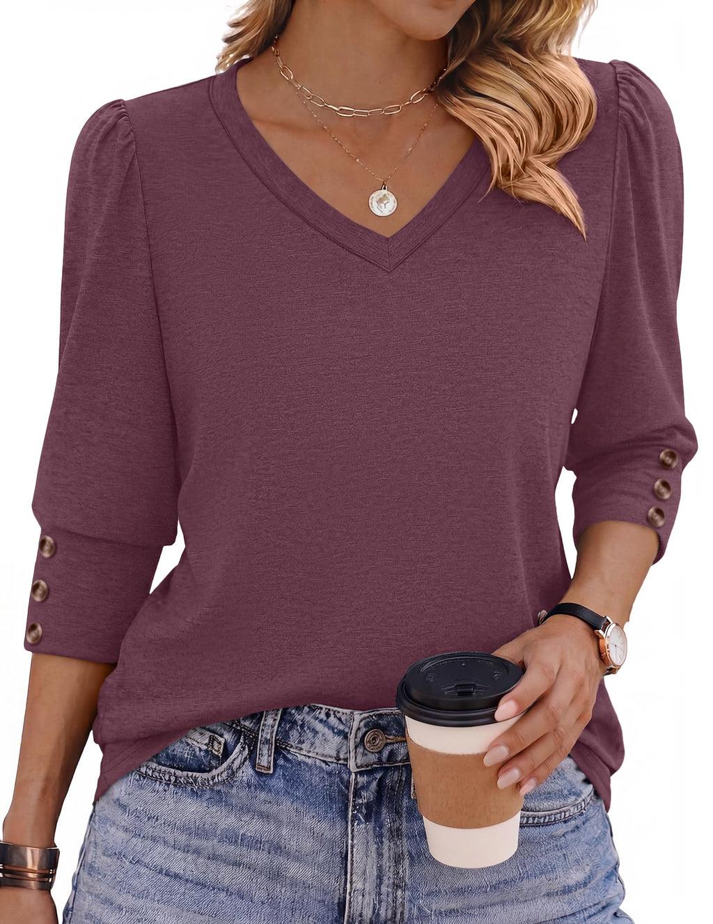 Zeagoo Womens 3/4 Sleeve V Neck T Shirts Dressy Casual Tops
