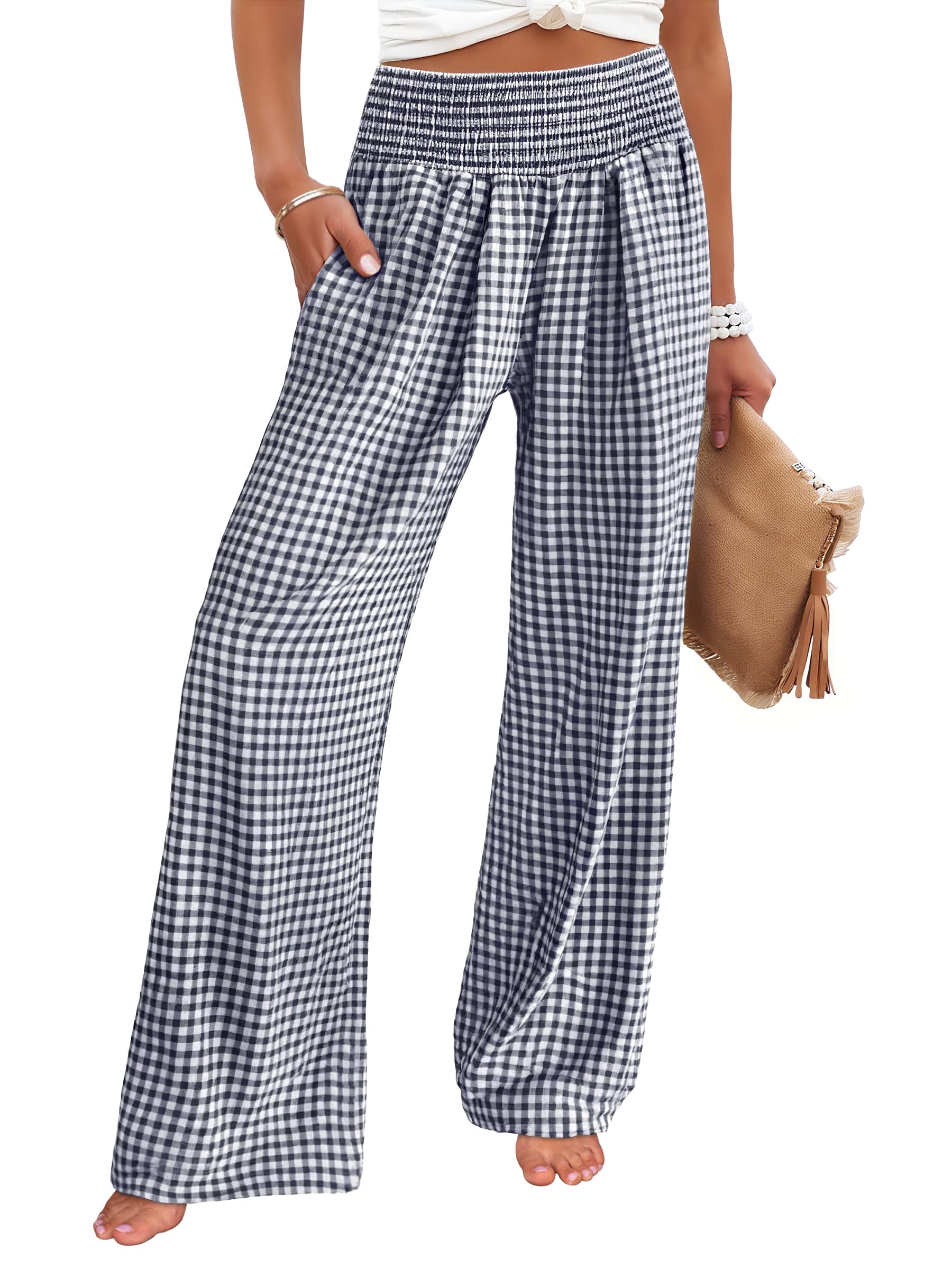 ANRABESS Womens Striped Gingham Wide Leg Palazzo Pants with Pockets