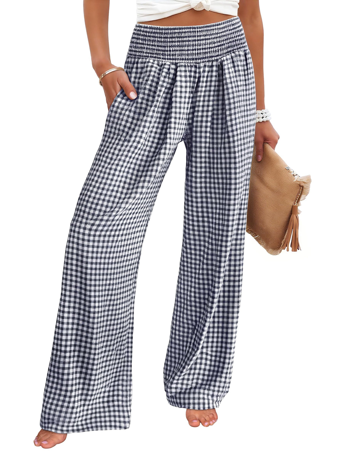 ANRABESS Womens Striped Gingham Wide Leg Palazzo Pants with Pockets
