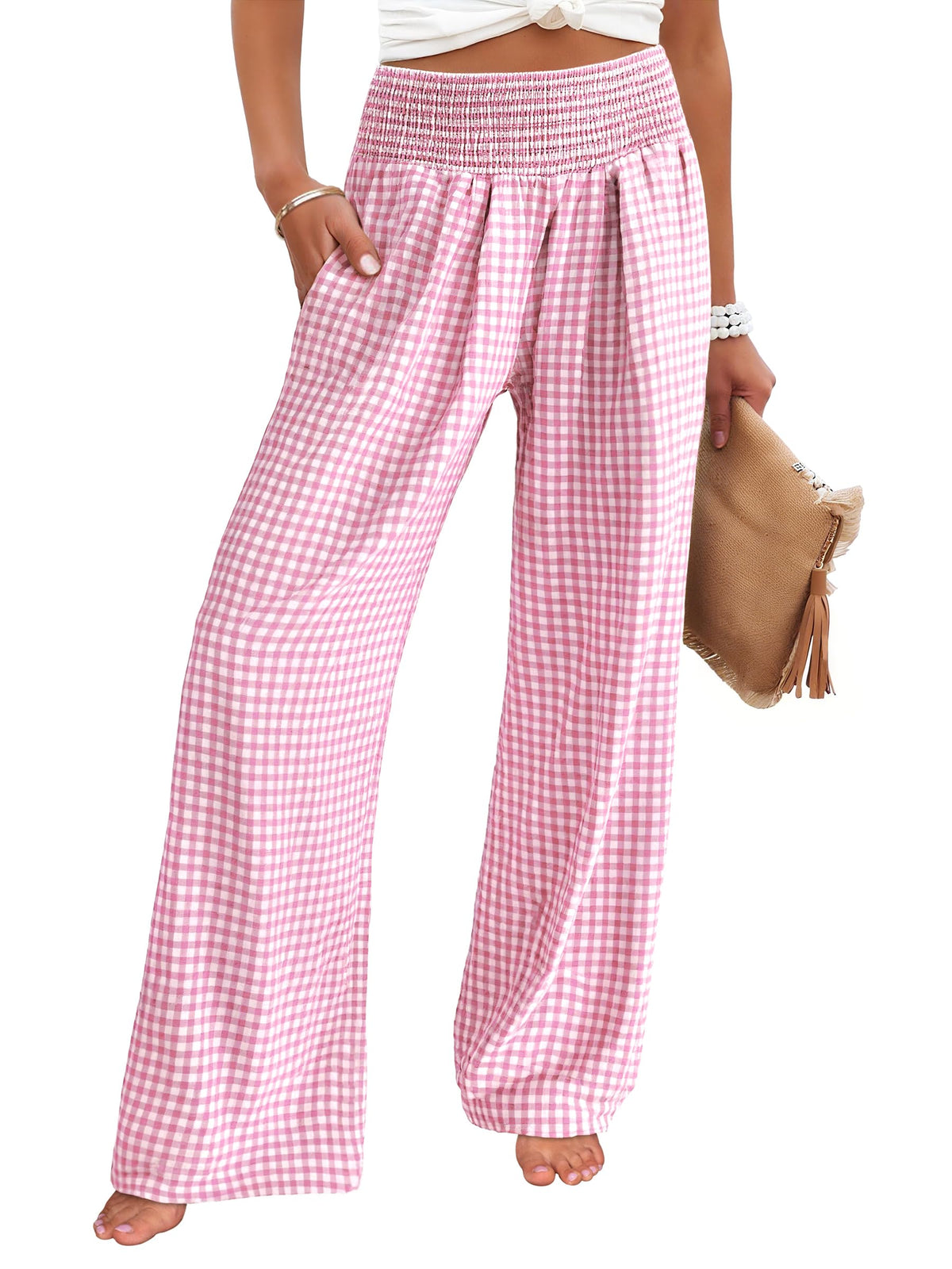 ANRABESS Womens Striped Gingham Wide Leg Palazzo Pants with Pockets