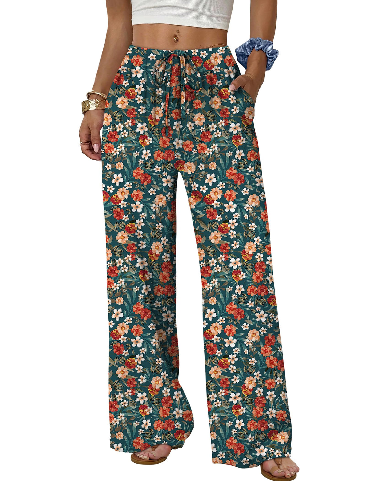 Sampeel Wide Leg Pants for Women Flowy Palazzo Drawstring Elastic Waist Trousers with Pockets Summer Beach Vacation Clothes
