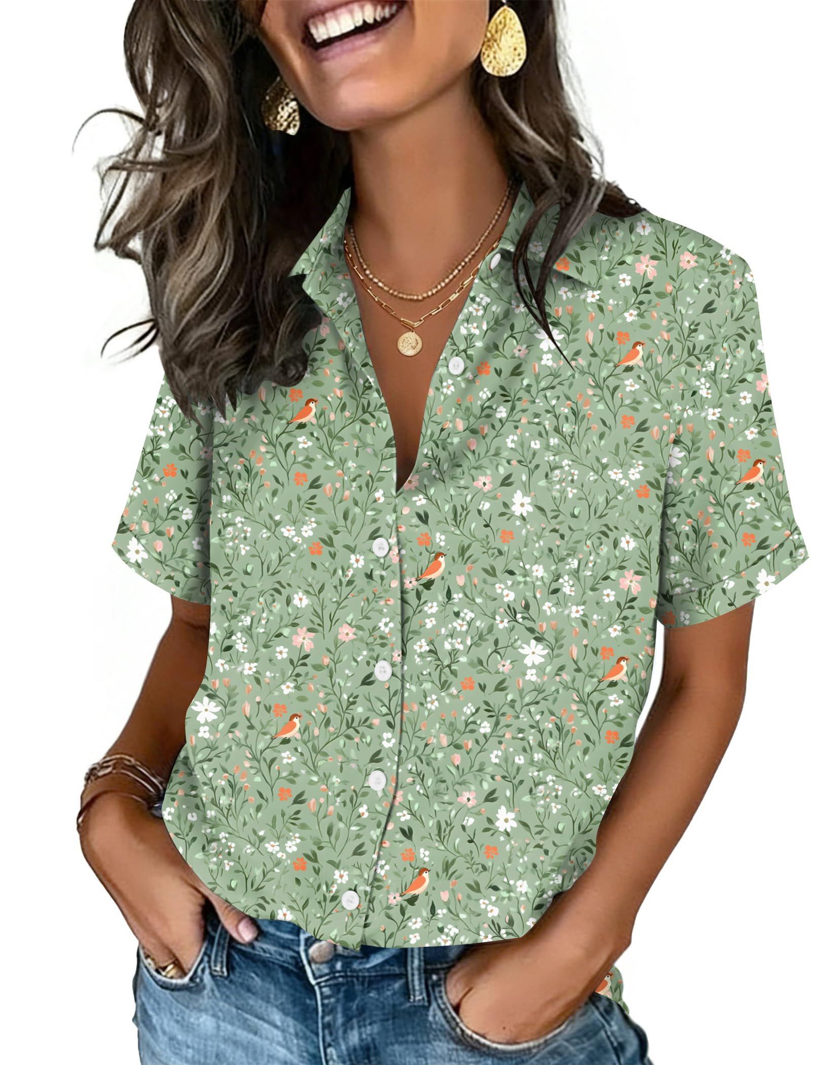 Zeagoo Button Down Shirts for Women Short Sleeve Tops Dressy Casual Blouses