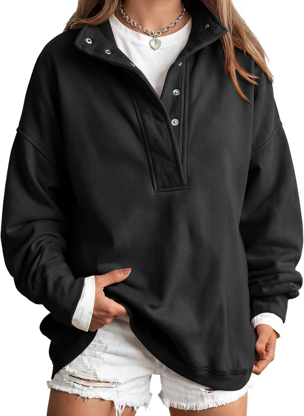 Trendy Queen Womens Oversized Sweatshirts with Snap Button Henley Collar