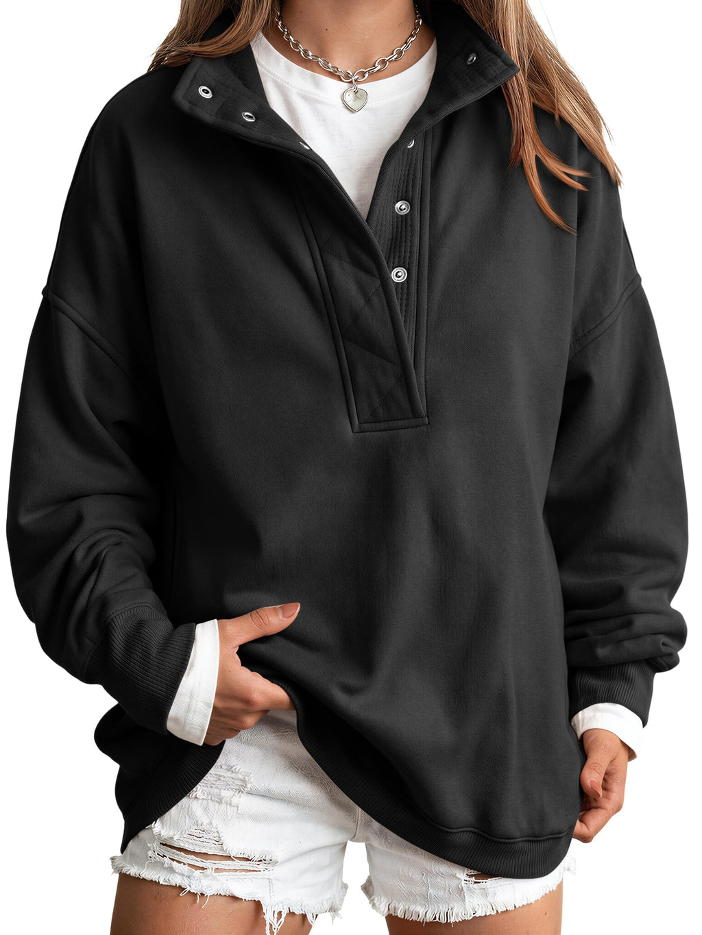 Trendy Queen Womens Oversized Sweatshirts with Snap Button Henley Collar