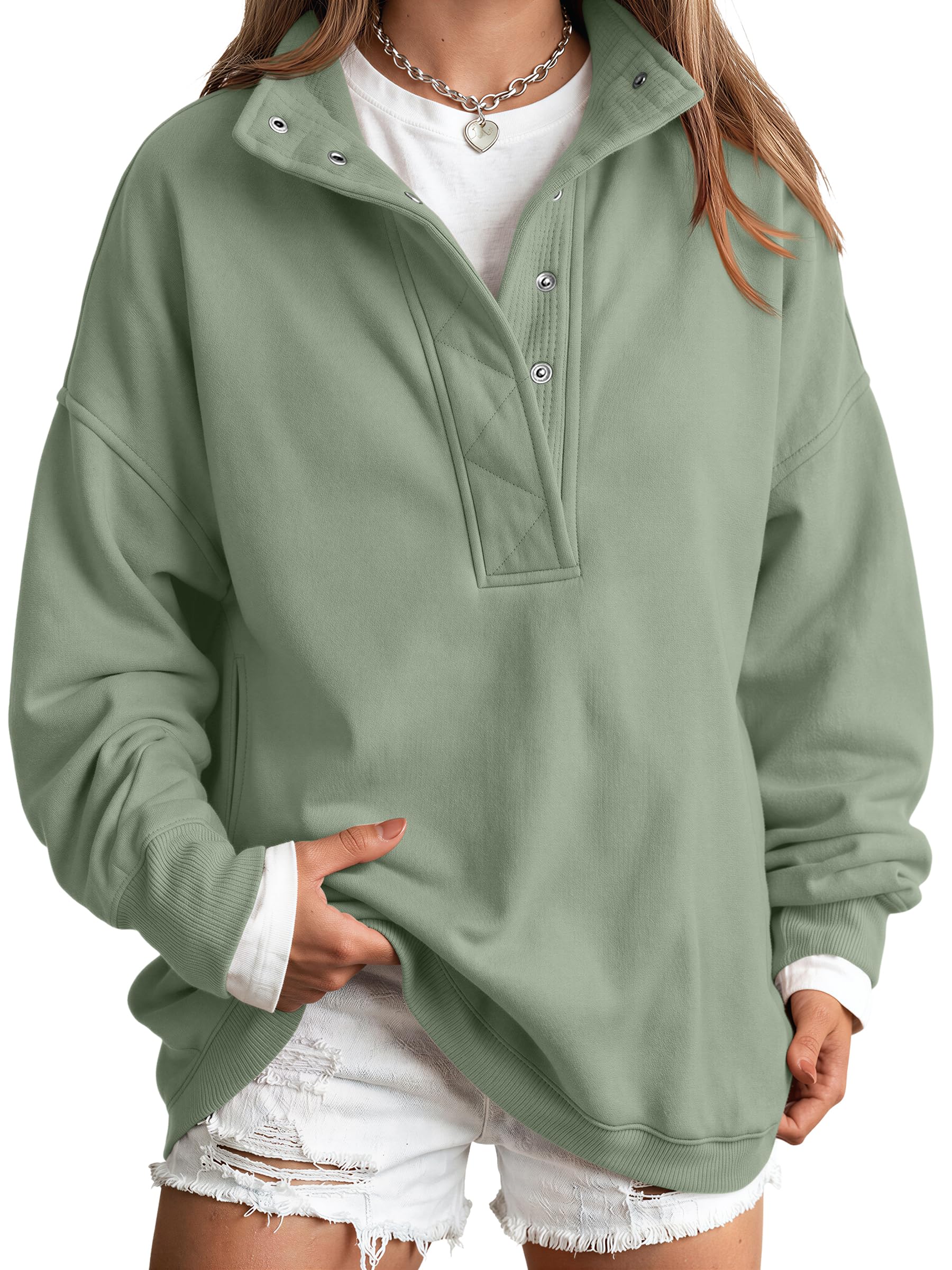 Trendy Queen Womens Oversized Sweatshirts with Snap Button Henley Collar