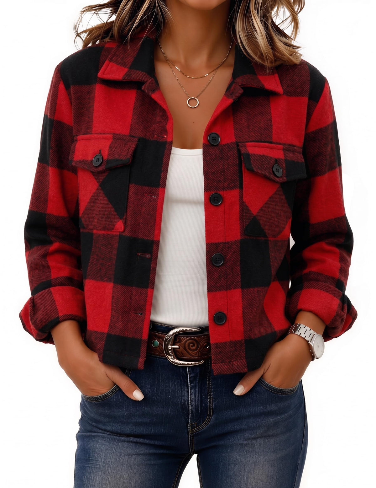 Zeagoo Flannels for Women Cropped Shacket Jacket Fashion Plaid Fall Coat