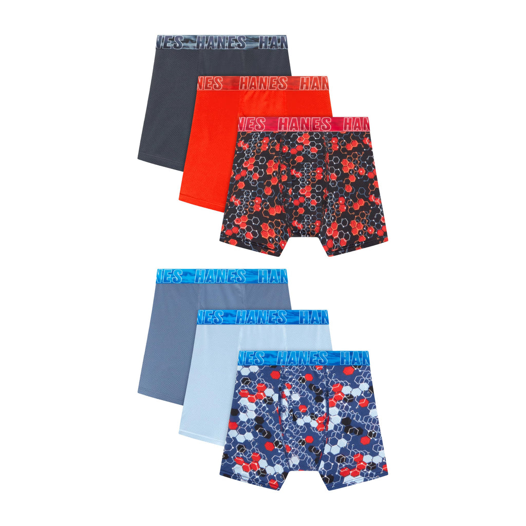 Hanes Boys' Moves Performance Underwear Boxer Brief, 6-pack, All Over Mesh Moisture Wicking Boxer Briefs