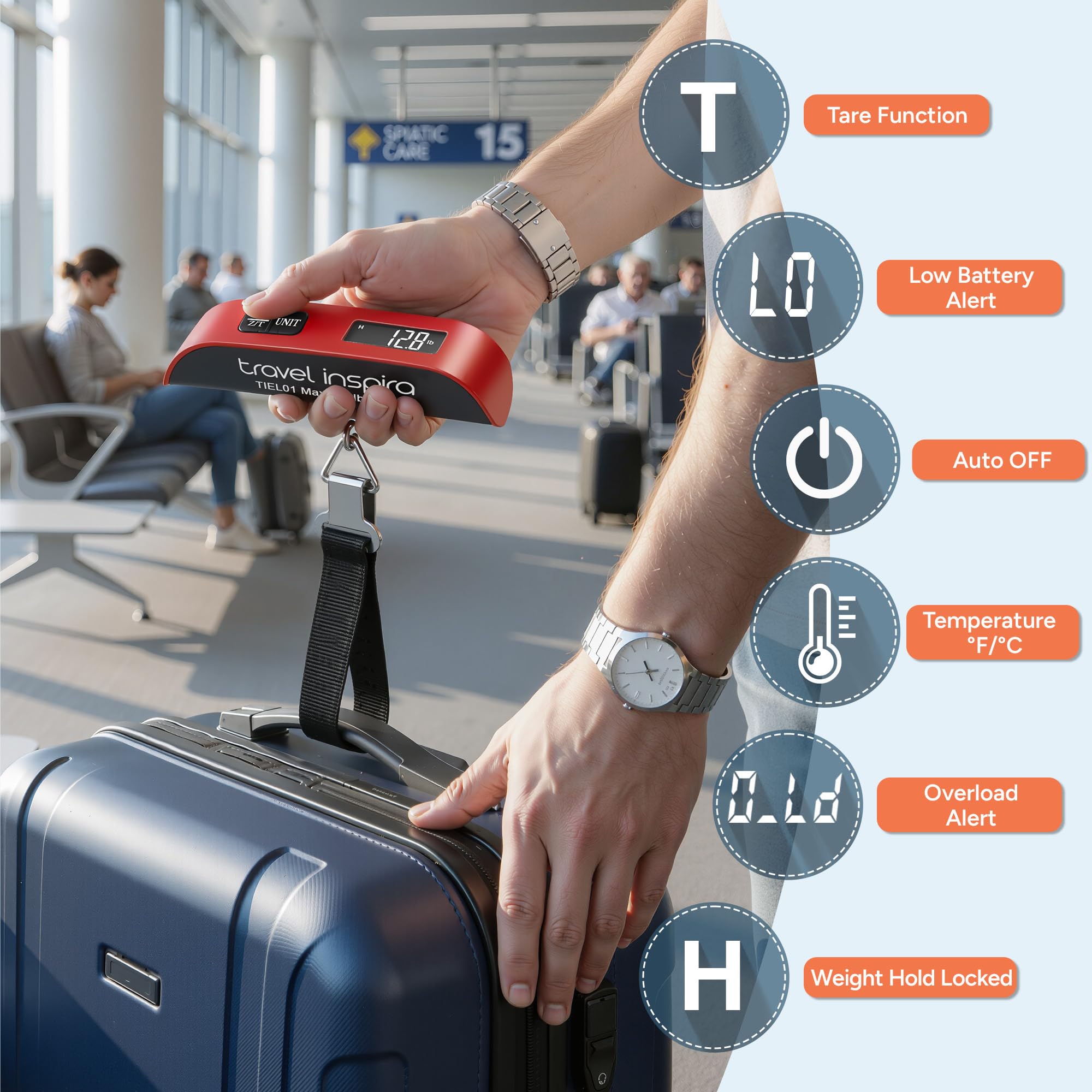 travel inspira Digital Luggage Scale – Portable Hanging Suitcase Weight Scale for Travel, 110 lb Capacity, Backlit LCD Display, Prevents Airport Overweight Fees, Battery Included