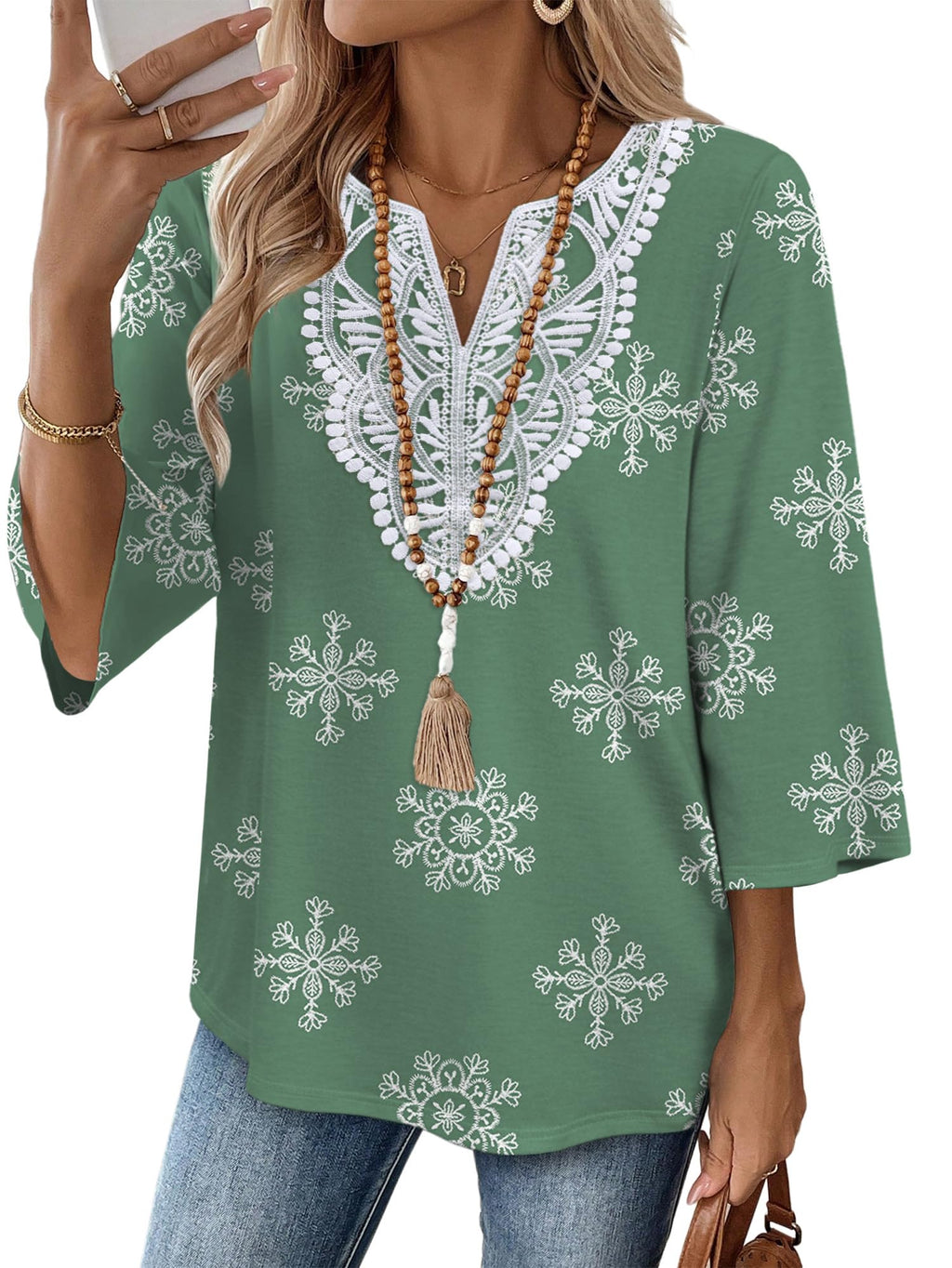 WIHOLL 3/4 Length Sleeve Womens Tops Boho V Neck Lace Shirt Trendy Blouses Dressy Casual Vacation Clothes S-3XL