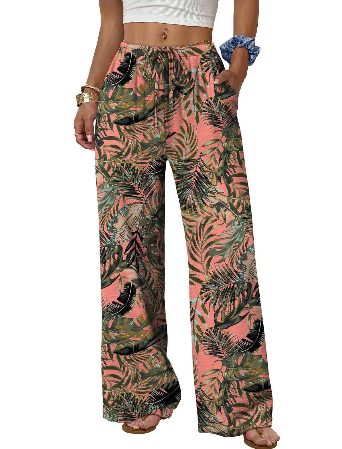 Sampeel Wide Leg Pants for Women Flowy Palazzo Drawstring Elastic Waist Trousers with Pockets Summer Beach Vacation Clothes