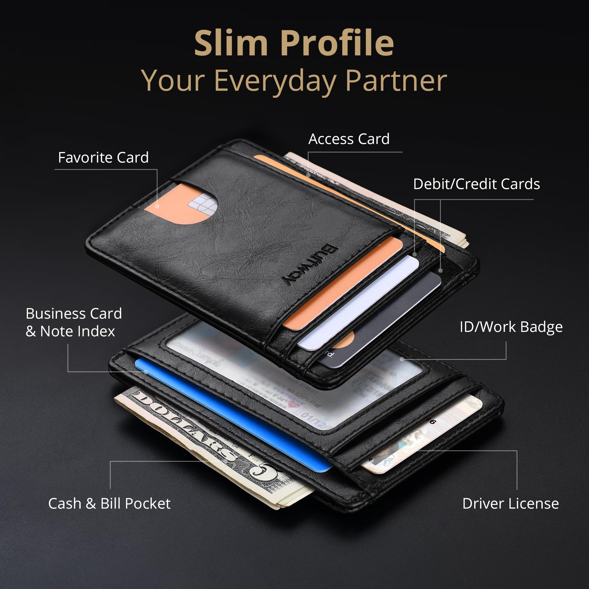 Buffway Slim Minimalist Front Pocket RFID Blocking Leather Wallets for Men and Women - Cross Black