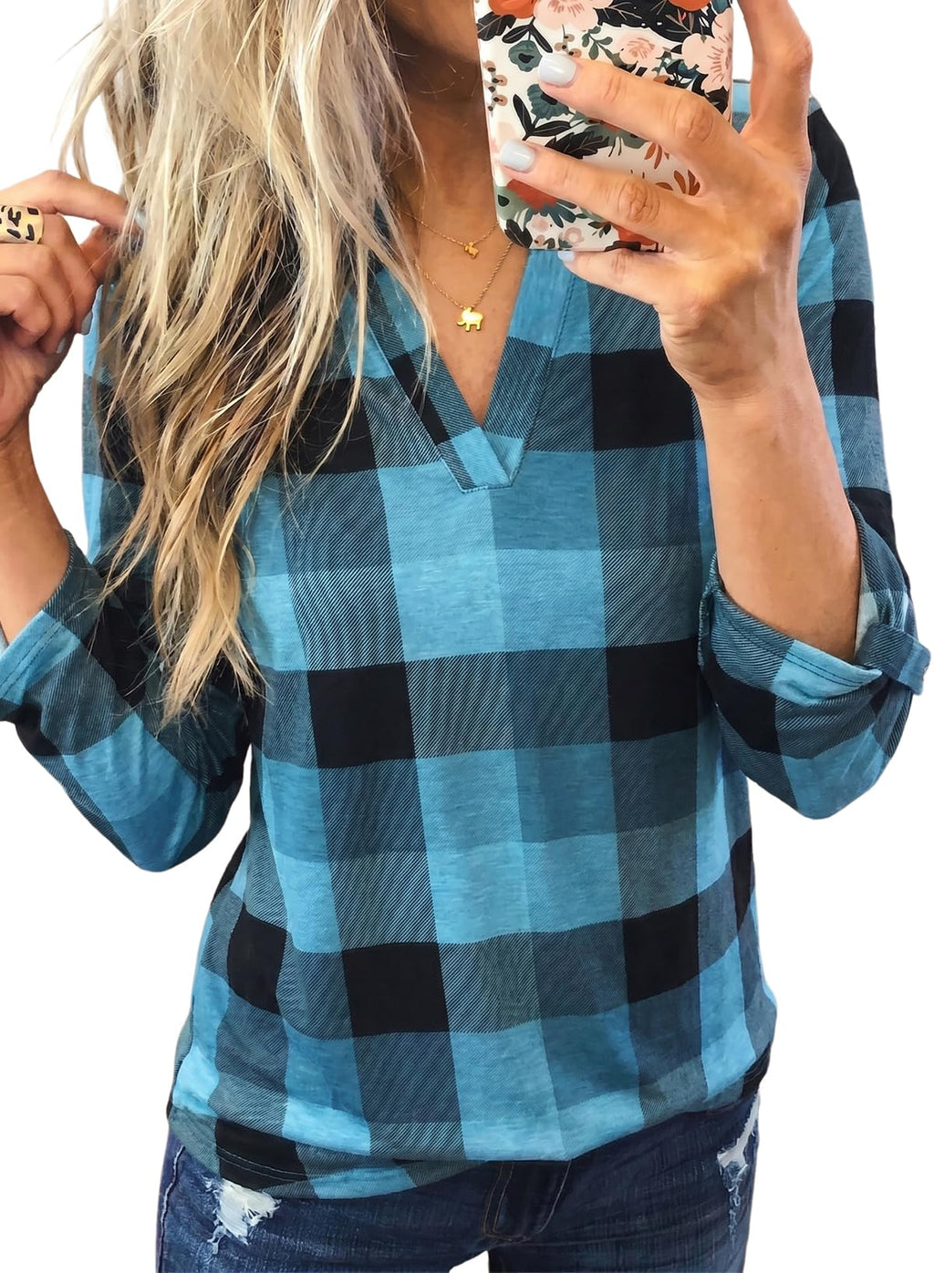 Dokotoo Womens Tops Plaid Cotton Cuffed 3/4 Sleeve Shirts Blouses