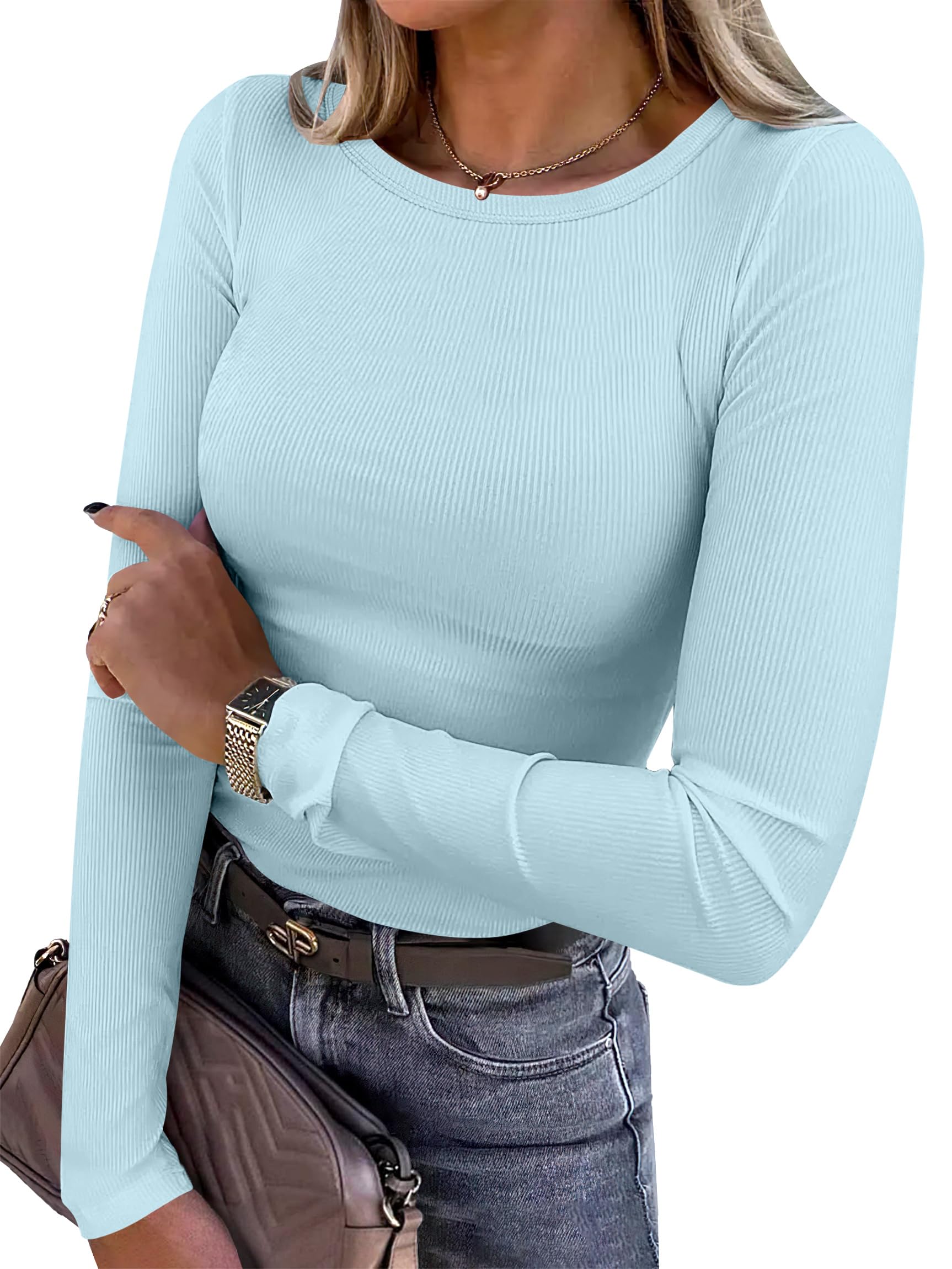 ANRABESS Women Long Sleeve Shirts Ribbed Fitted Tops