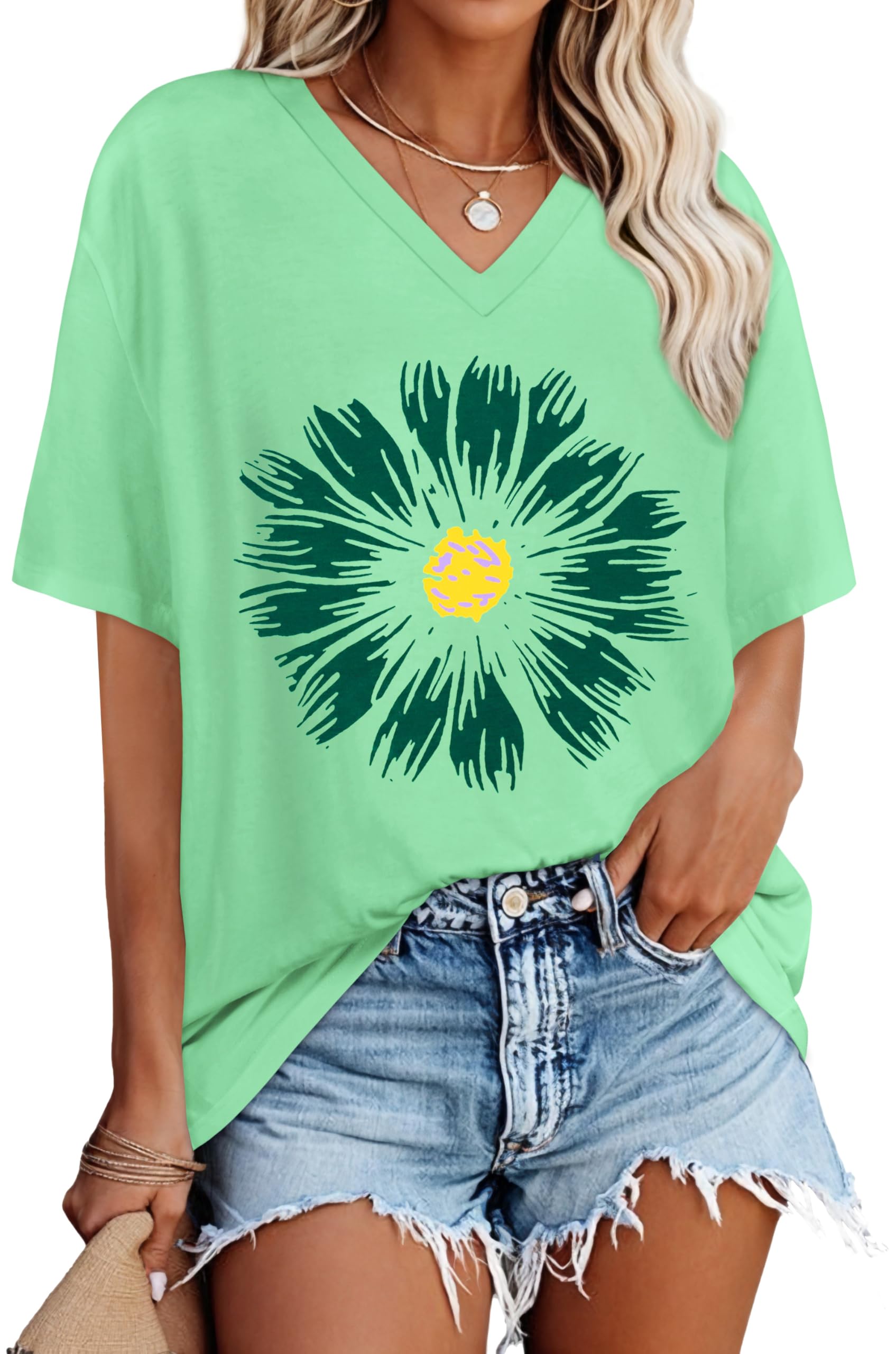 Oversized Tshirts for Women Graphic V Neck Short Sleeve Summer Casual Tops