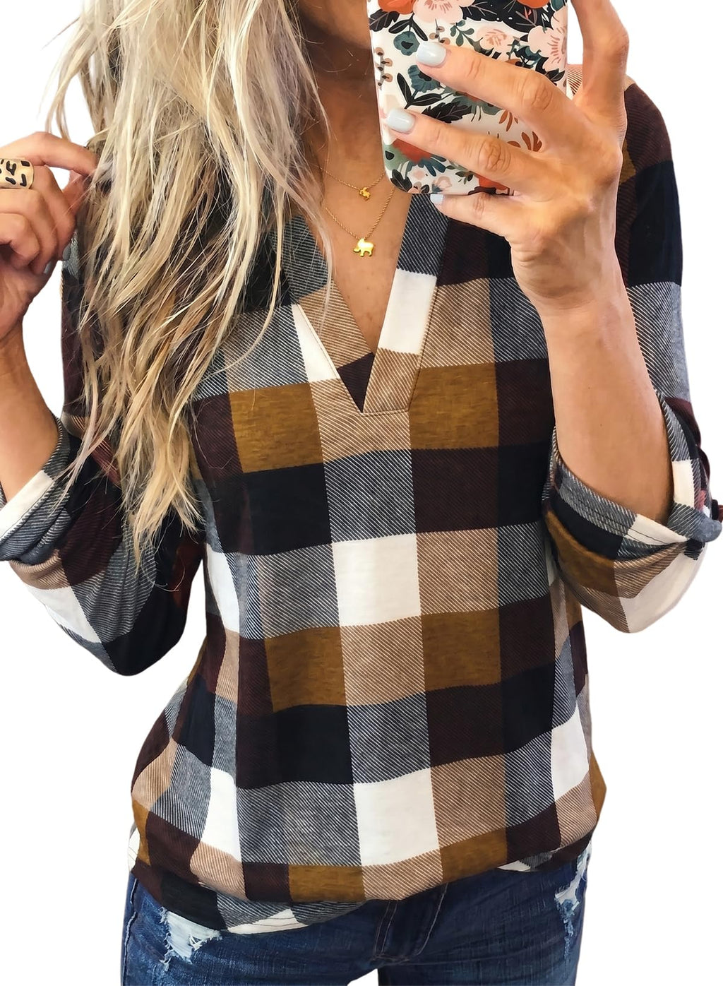 Dokotoo Womens Tops Plaid Cotton Cuffed 3/4 Sleeve Shirts Blouses