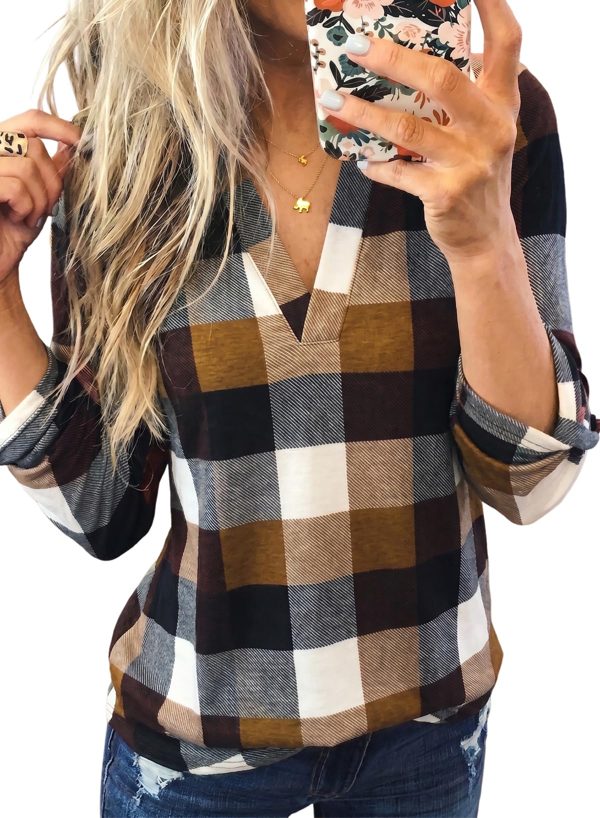 Dokotoo Womens Tops Plaid Cotton Cuffed 3/4 Sleeve Shirts Blouses