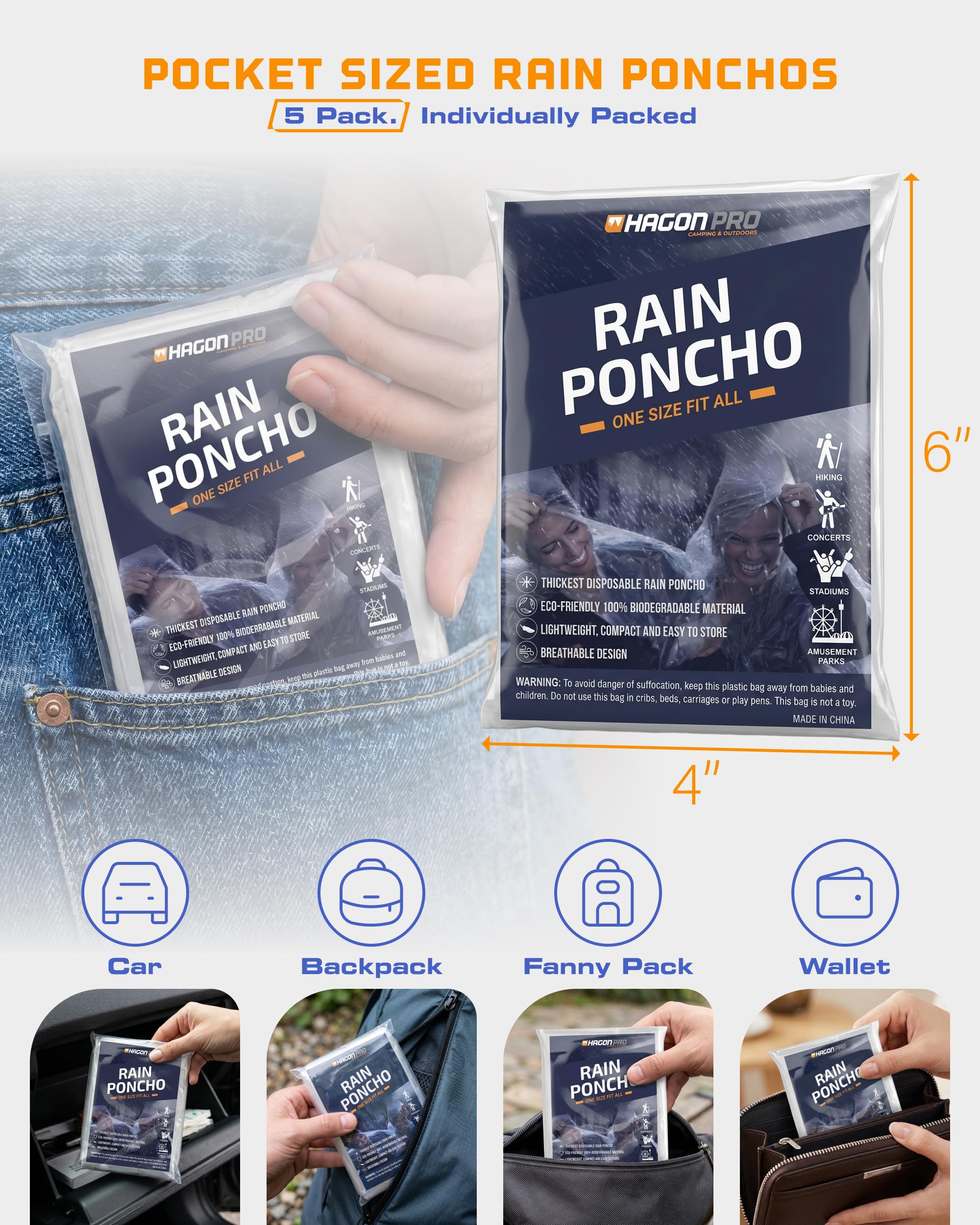 Hagon PRO Disposable Rain Ponchos for Adults (5 Pack)