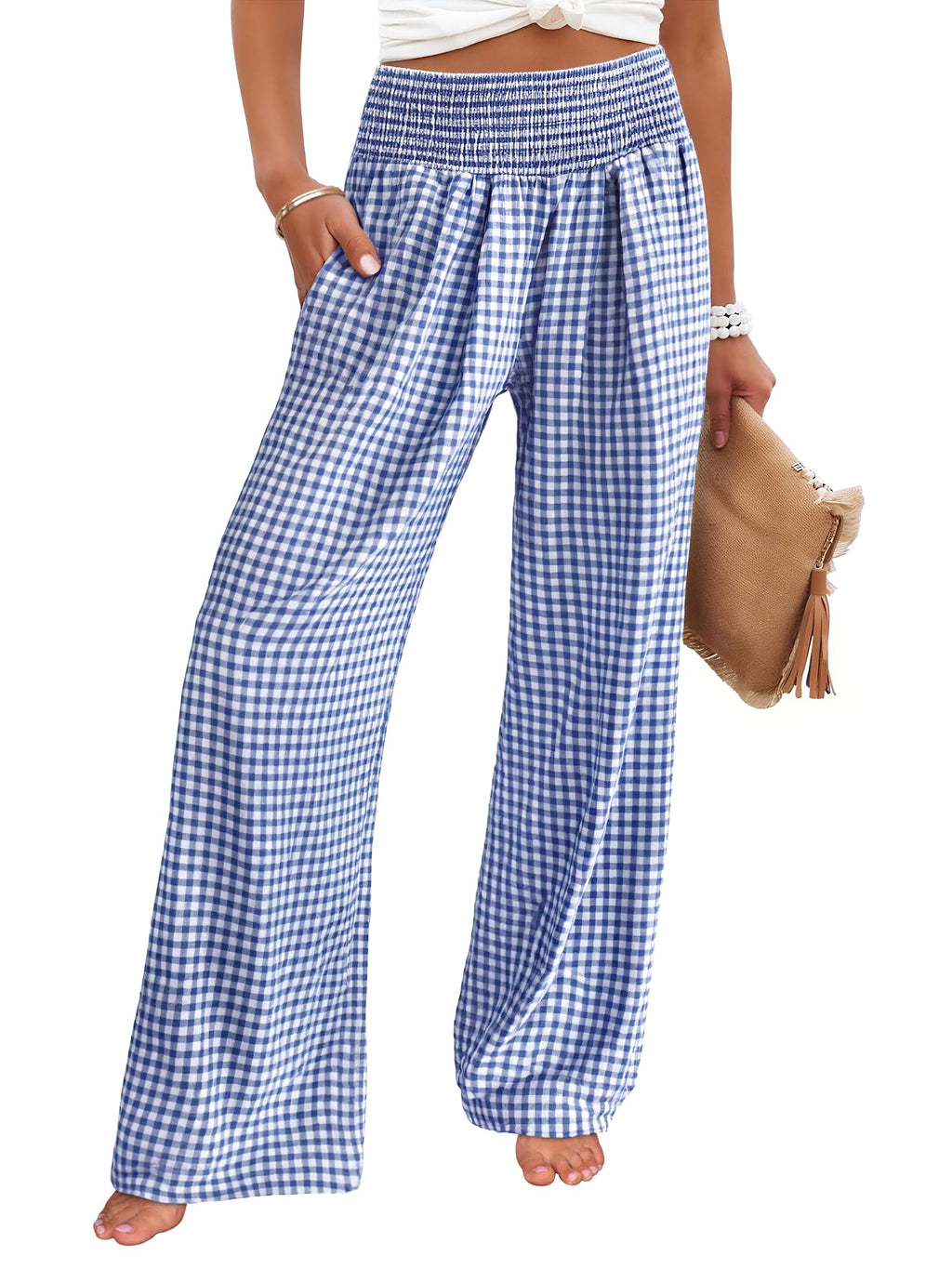 ANRABESS Womens Striped Gingham Wide Leg Palazzo Pants with Pockets